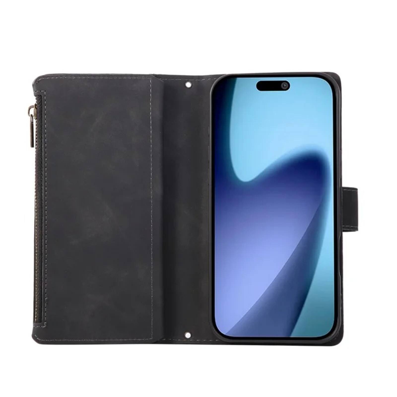 Back. UUCOVER - Zipper Wallet Case for Apple iPhone 17 Pro Max with Card Slots Cash Holder, Wrist and Shoulder Strap, Flip Stand Cover - Black.