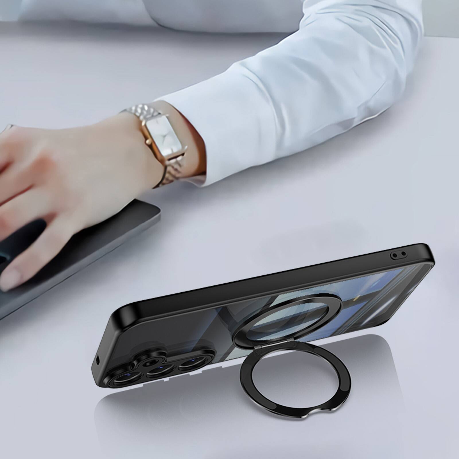 Alt View 4. Dteck - Magnetic Clear Case For Samsung Galaxy S26, Shockproof Anti-Scratch 360° Ring Holder Stand PC+TPU Protection Cover - Black.