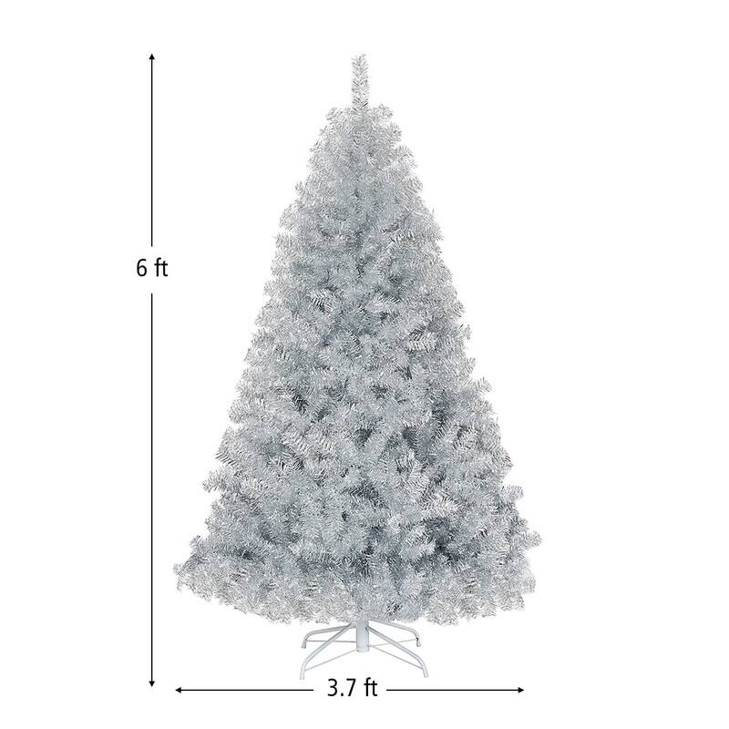 Left. WELLFOR - 6ft Unlit Hinged Artificial Christmas Tree with 1036 PVC‑Tinsel Branch Tips, Indoor & Outdoor Holiday Decoration - Silver.