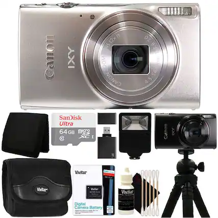Canon IXY IS 12x 12x Optical Zoom 3.6-7.0 mm 4.5-54.0mm
SanDisk Ultra 64GB MicroSDXC I
Vivitar Digital Camera Battery Pack
Vivitar Digital Camera Battery
Vivitar Tripod
Vivitar Cleaning Kit