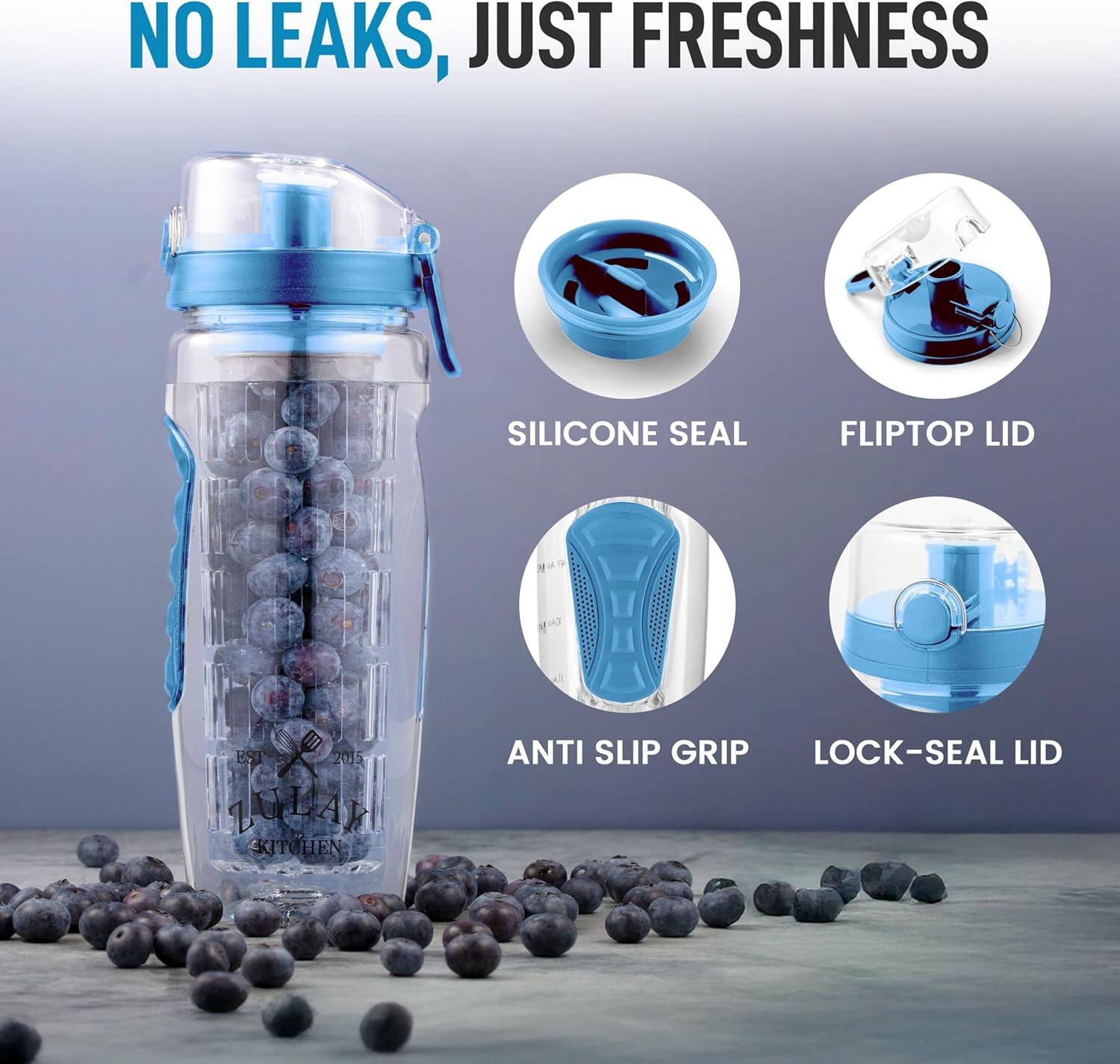 NO LEAKS, JUST FRESHNESS

SILICONE SEAL

FLIPTOP LID

ANTI SLIP GRIP

LOCK-SEAL LID

EST 2015 LULAN KITCHEN