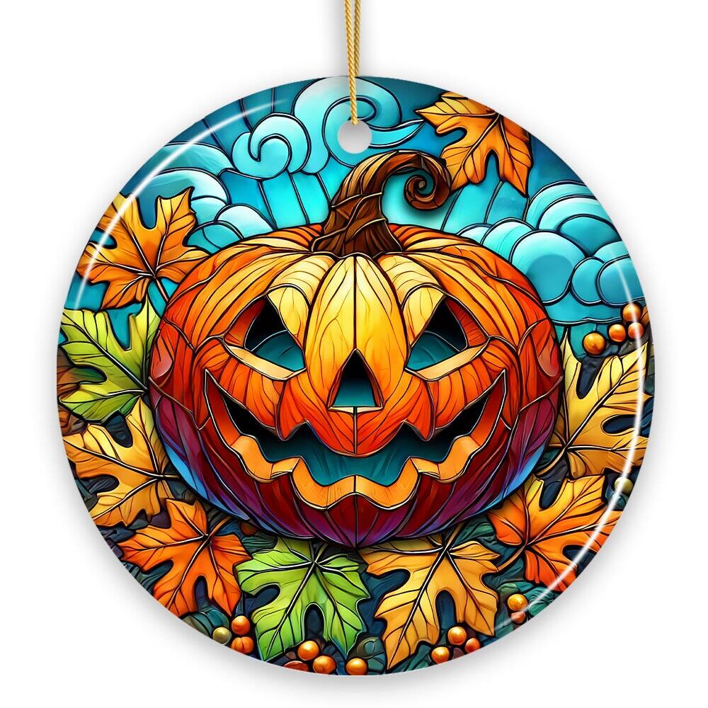 Front. OrnamentallyYou - Pumpkin Spice and Crispy Leaves Stained Glass Style Ceramic Ornament Halloween Themed - Multi-colored.