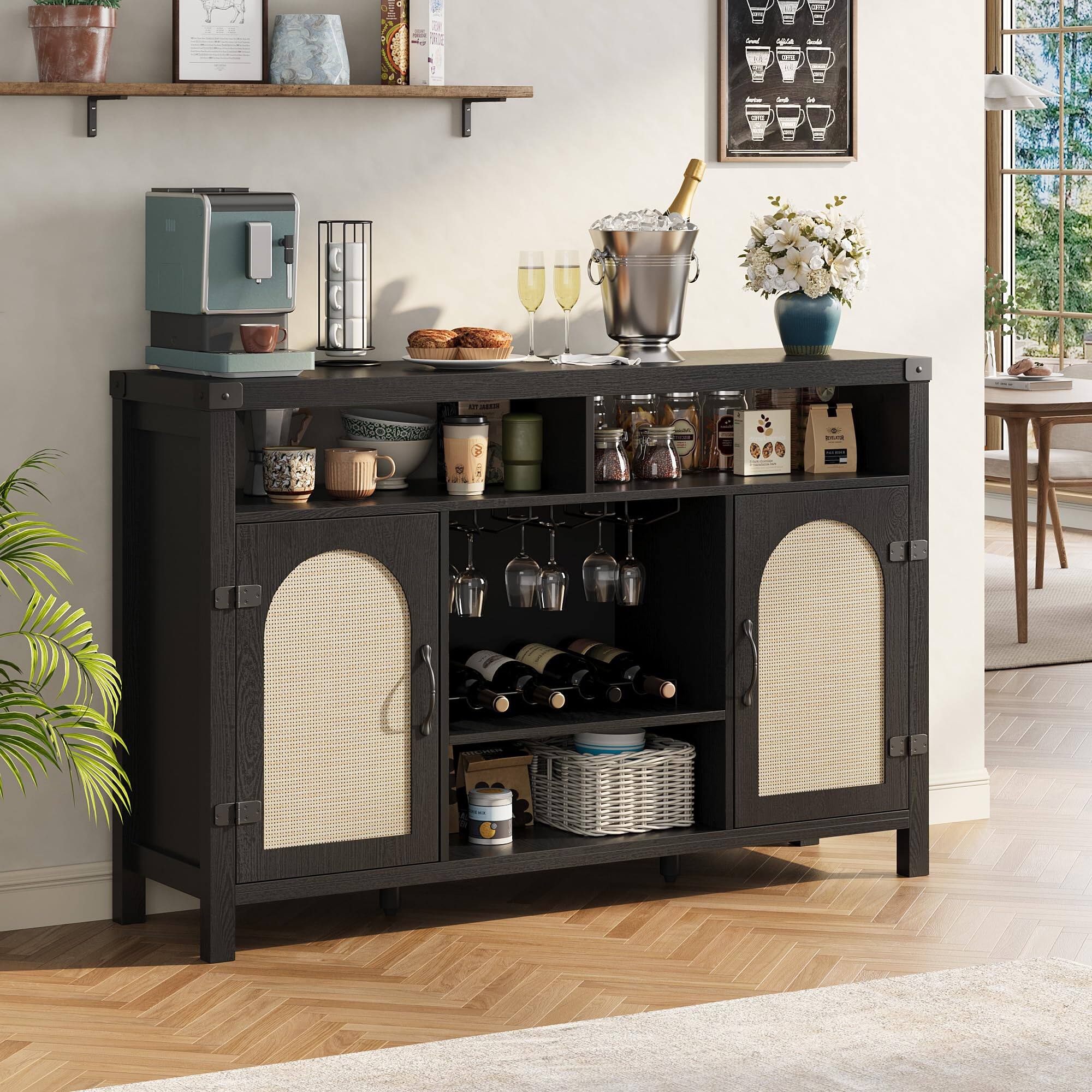 Front. Babevy - 52" Rattan Sideboard Buffet Cabinet with Drawer, Wine Racks &Open Shelves, Boho Coffee Bar Cabinet - Black.