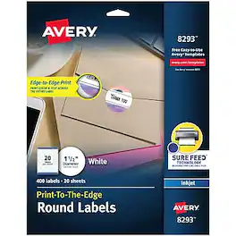 Avery - Print-to-the-Edge Inkjet Round Labels, 1 1/2" Dia, 400 Labels/Pack - White