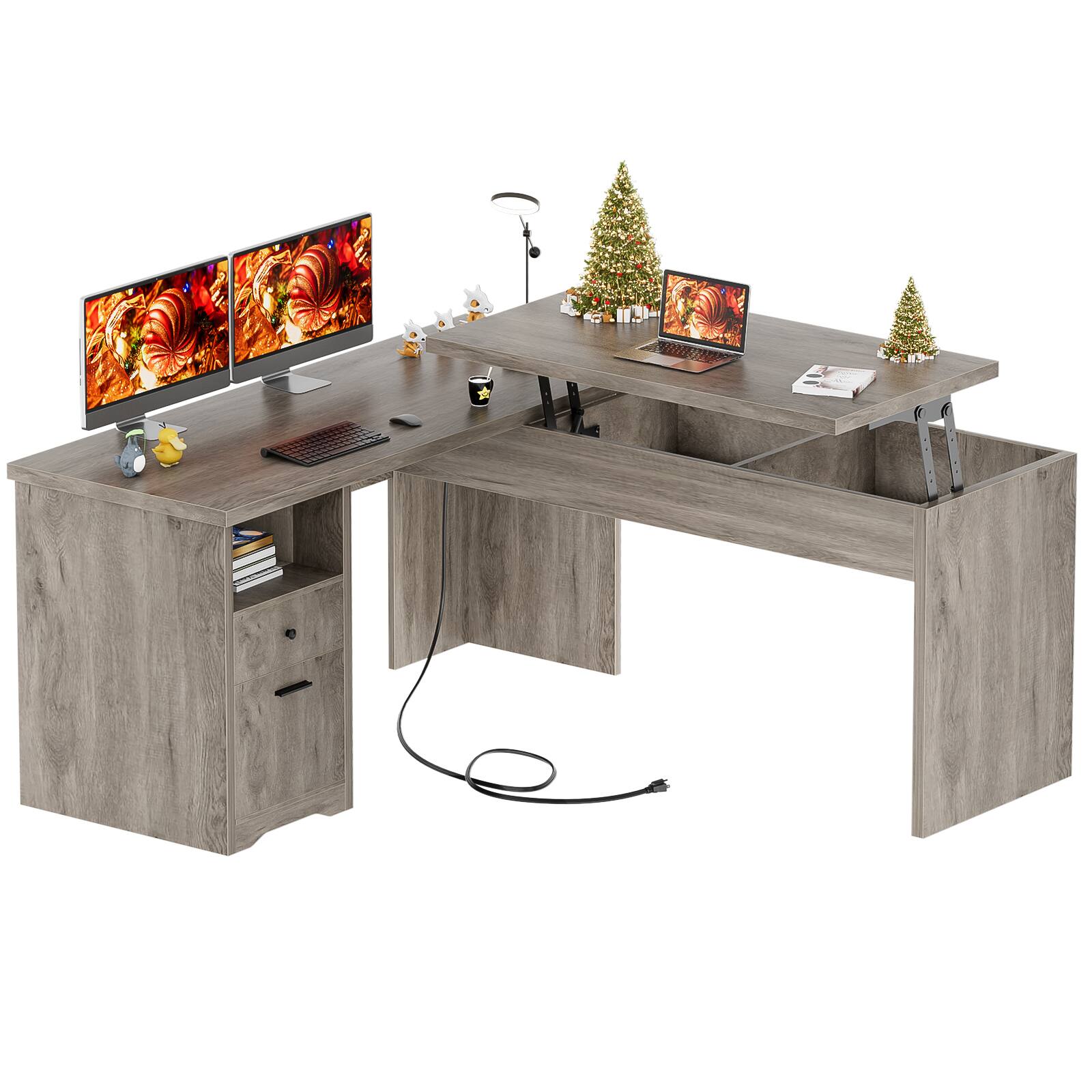 Alt View 1. Aheaplus - 56'' Lift Top Computer Desk with Drawers and Power Outlets, Lift Top Executive Desk - Wash Oak.