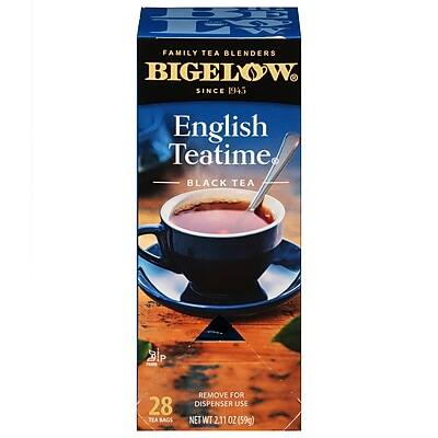 FAMILY TEA BLENDERS  
BIGELOW  
SINCE 1945  

English Teatime  
BLACK TEA  

28 TEA BAGS  
REMOVE FOR DISPENSER USE  

NET WT 2.11 OZ (59g)