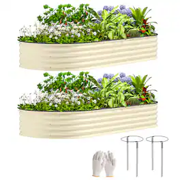 Outsunny - 2PCS Galvanized Raised Garden Bed, 7' x 3' x 1' Raised Beds for Gardening with Plant Support Stakes - Cream White
