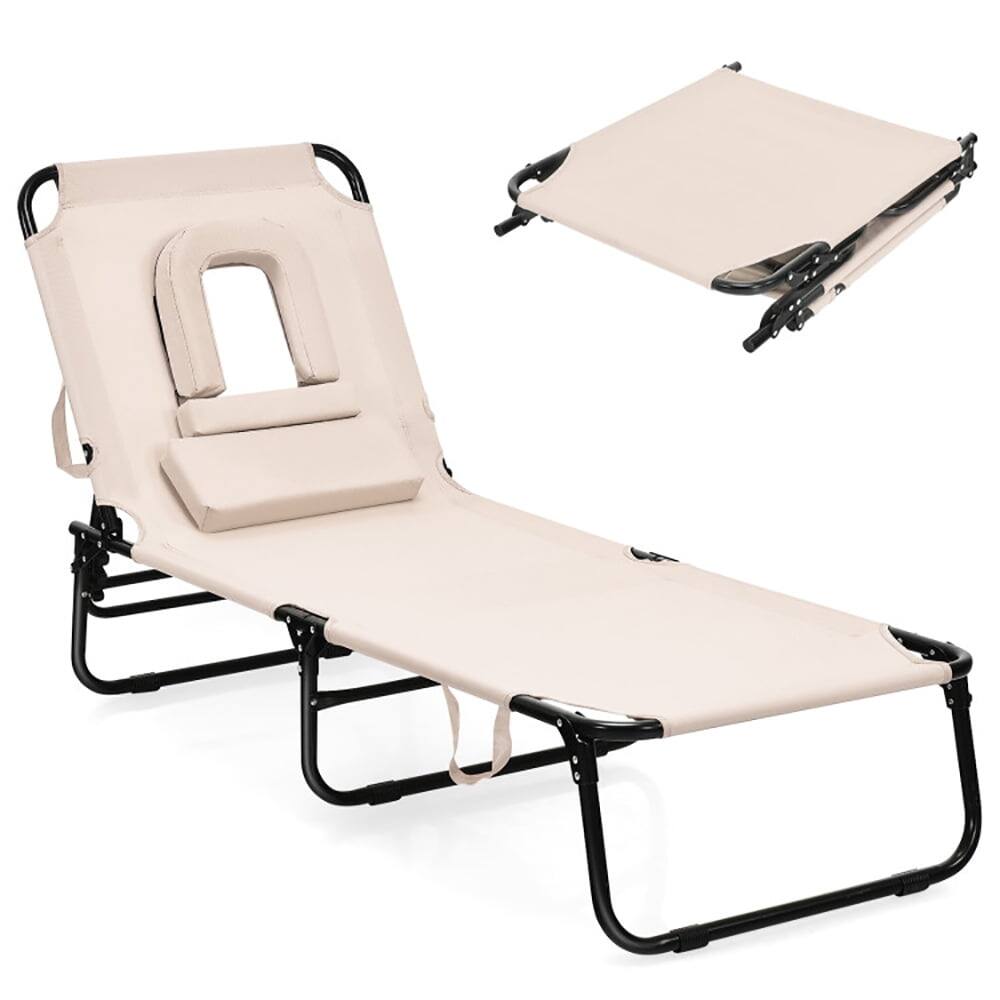 Alt View 4. Pefilos - Patio Lounge Chair, Outdoor Folding Chaise Beach Pool Patio Lounge Chair Bed with Adjustable Back and Hole-Beige Cushion - Beige.