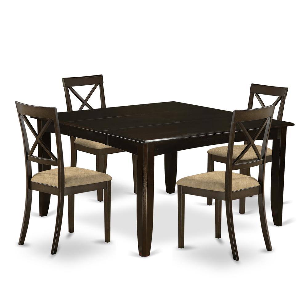 Back. East West Furniture - PFBO5-CAP-C 5 Pc Dining set-Square Dining Table with Leaf and 4 Dining Chairs - Cappuccino.