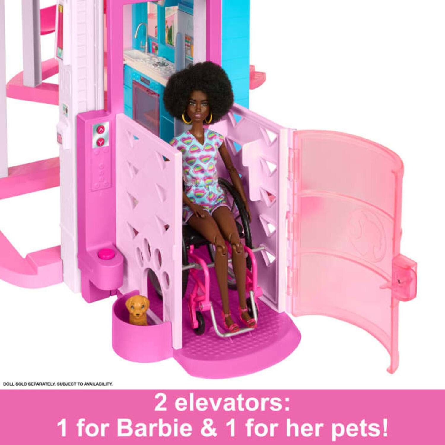 DOLL SOLD SEPARATELY SUBJECT TO AVAILABILITY. 2 elevators: 1 for Barbie & 1 for her pets!