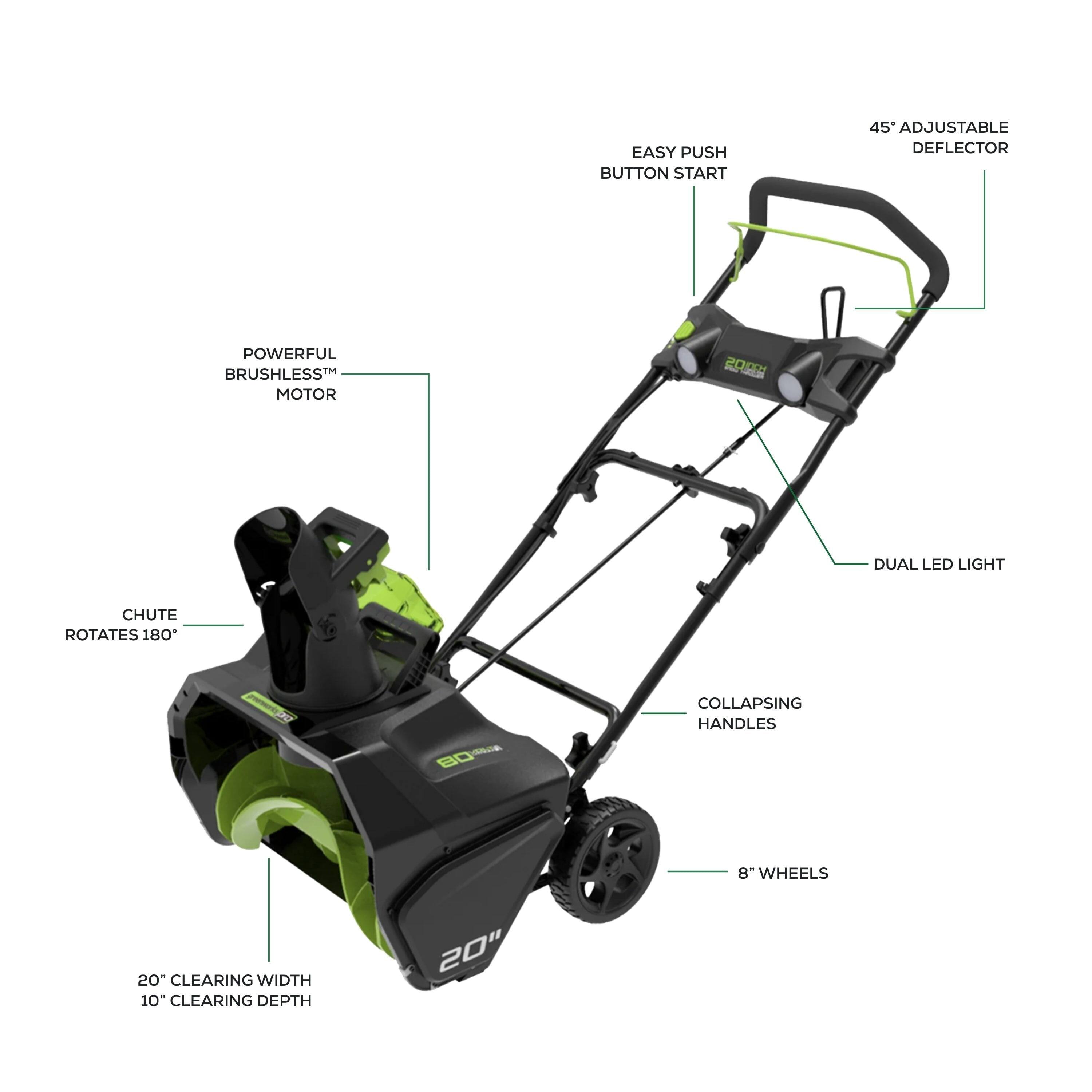 - Easy Push Button Start
- 45° Adjustable Deflector
- Powerful Brushless Motor
- Dual LED Light
- Chute Rotates 180°
- Collapsing Handles
- 8" Wheels
- 20" Clearing Width
- 10" Clearing Depth