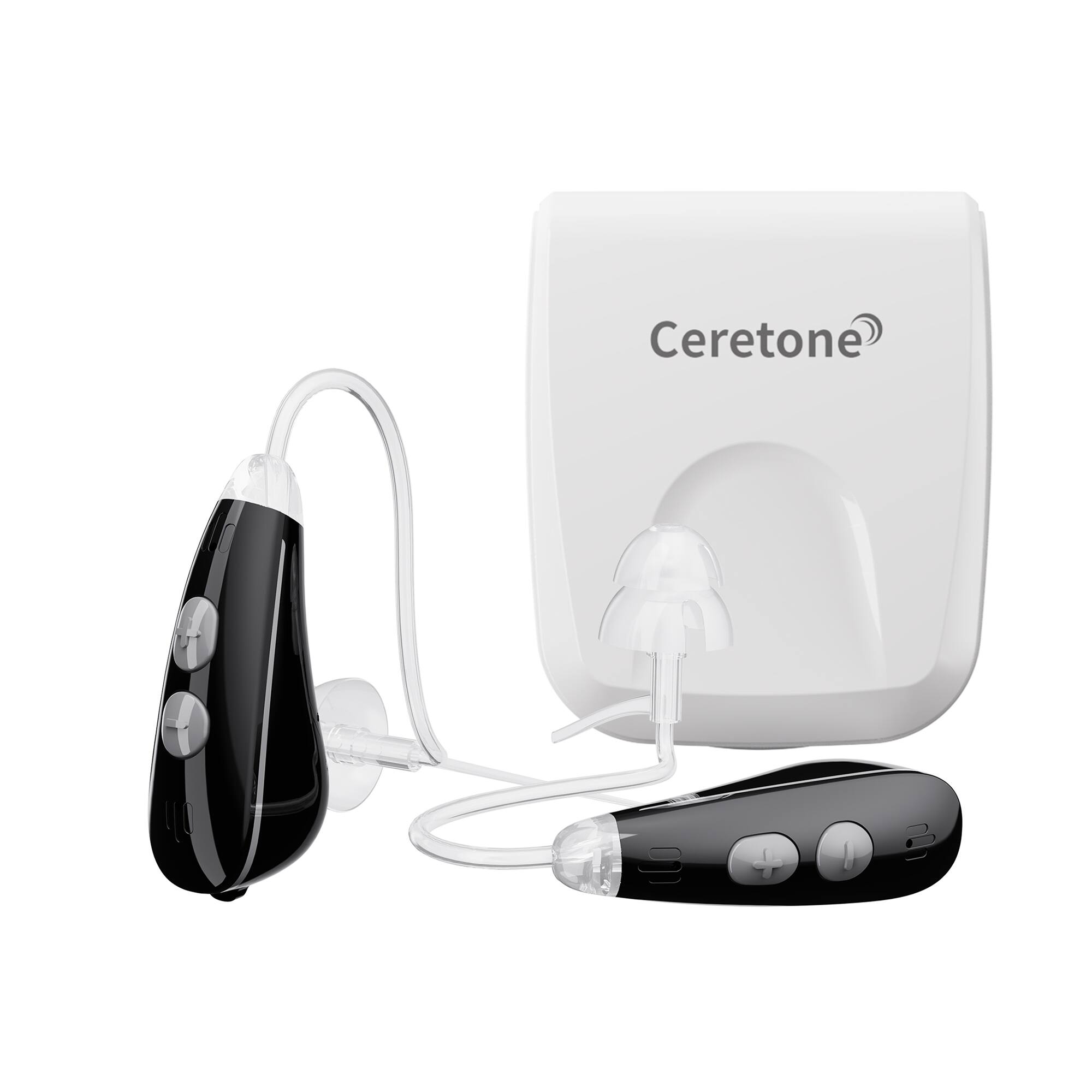 Front. Ceretone - Nexus OTC Hearing Aids – Advanced Noise Reduction, 4 Preset Modes, Lightweight BTE Comfort, Long-Lasting Zinc-Air Power - Black.