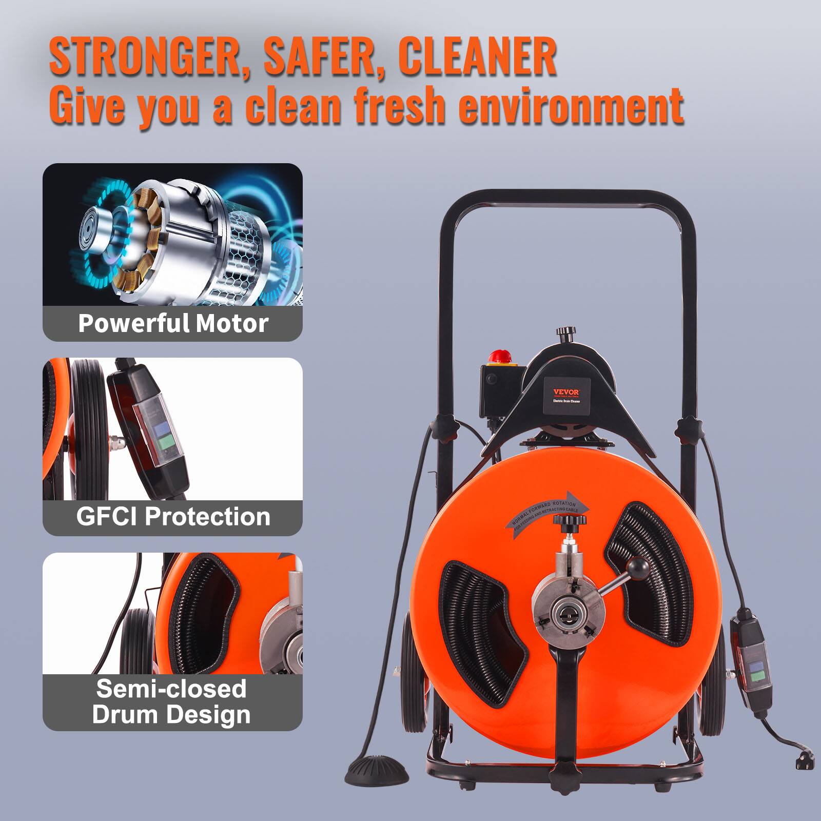 STRONGER, SAFER, CLEANER
Give you a clean fresh environment
Powerful Motor
VEYOS: GFCI Protection
Semi-closed Drum Design