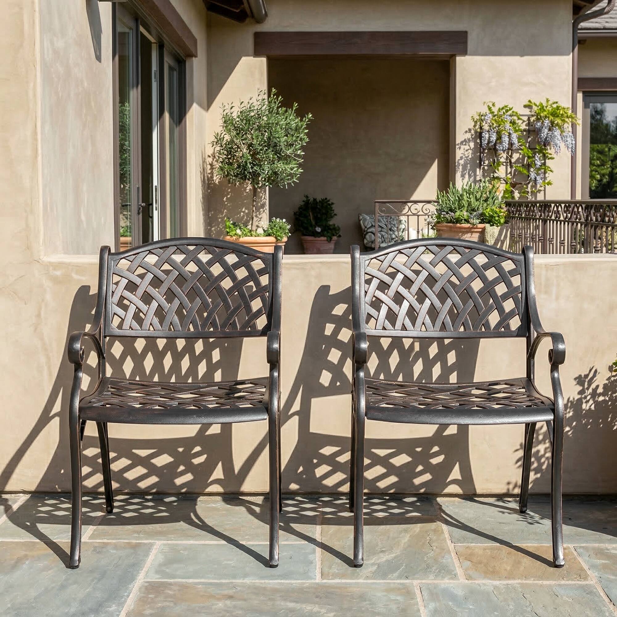 Alt View 6. Nuu Garden - Outdoor 2-Piece Patio Cast Aluminum Dining Chairs with Armrests - Black with Gold-Painted Edges.