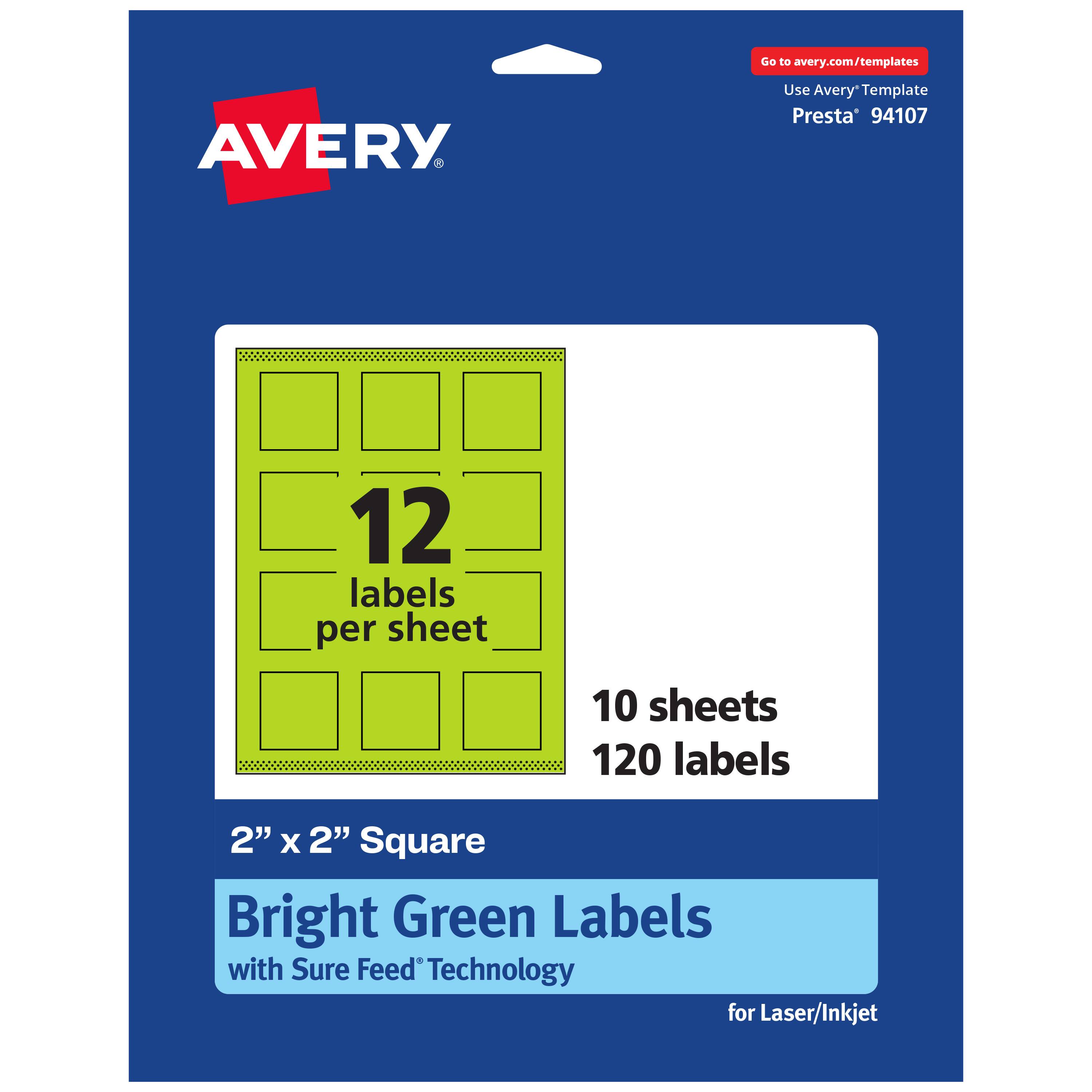 Go to avery.com/templates  
AVERY  
Use Avery Template Presta* 94107  
12 labels per sheet  
10 sheets  
120 labels  
2" x 2" Square  
Bright Green Labels with Sure Feed Technology for Laser/Inkjet