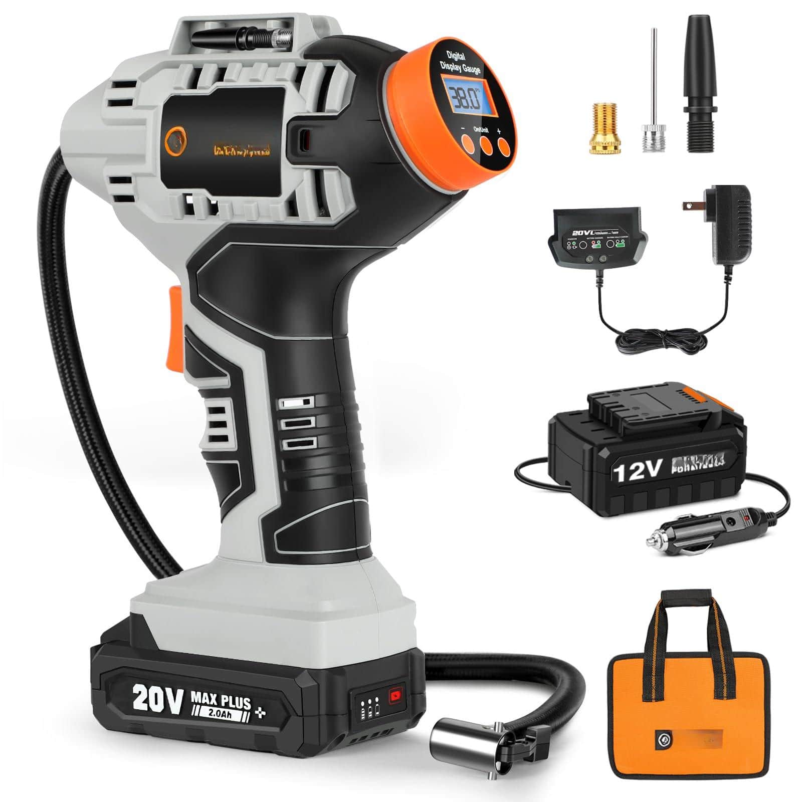 JETRANSPORT - Cordless Tire Inflator Air Compressor Portable Handheld Pump Car With 12v Power Adapter Digital Gauge For C - 2-grey