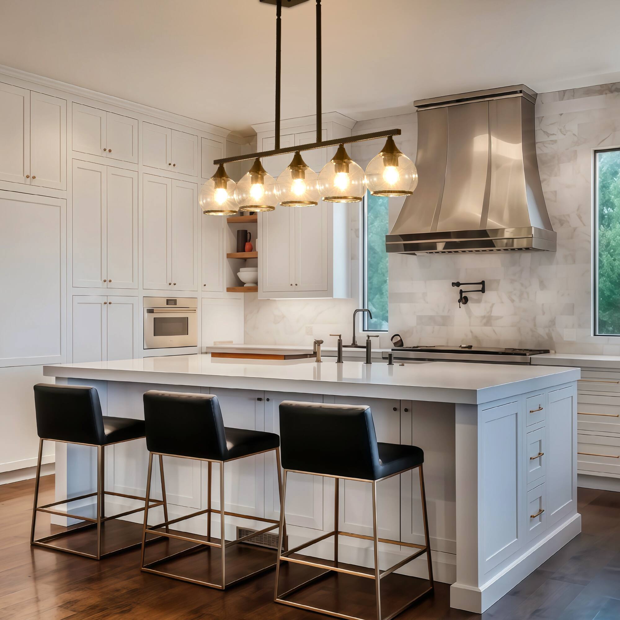 Angle. RYHNUYNE - 5-Light Island Light for Kitchen,Black Dining Room Light Fixture,Modern Linear Chandelier Over Table for Dining Table - Black.