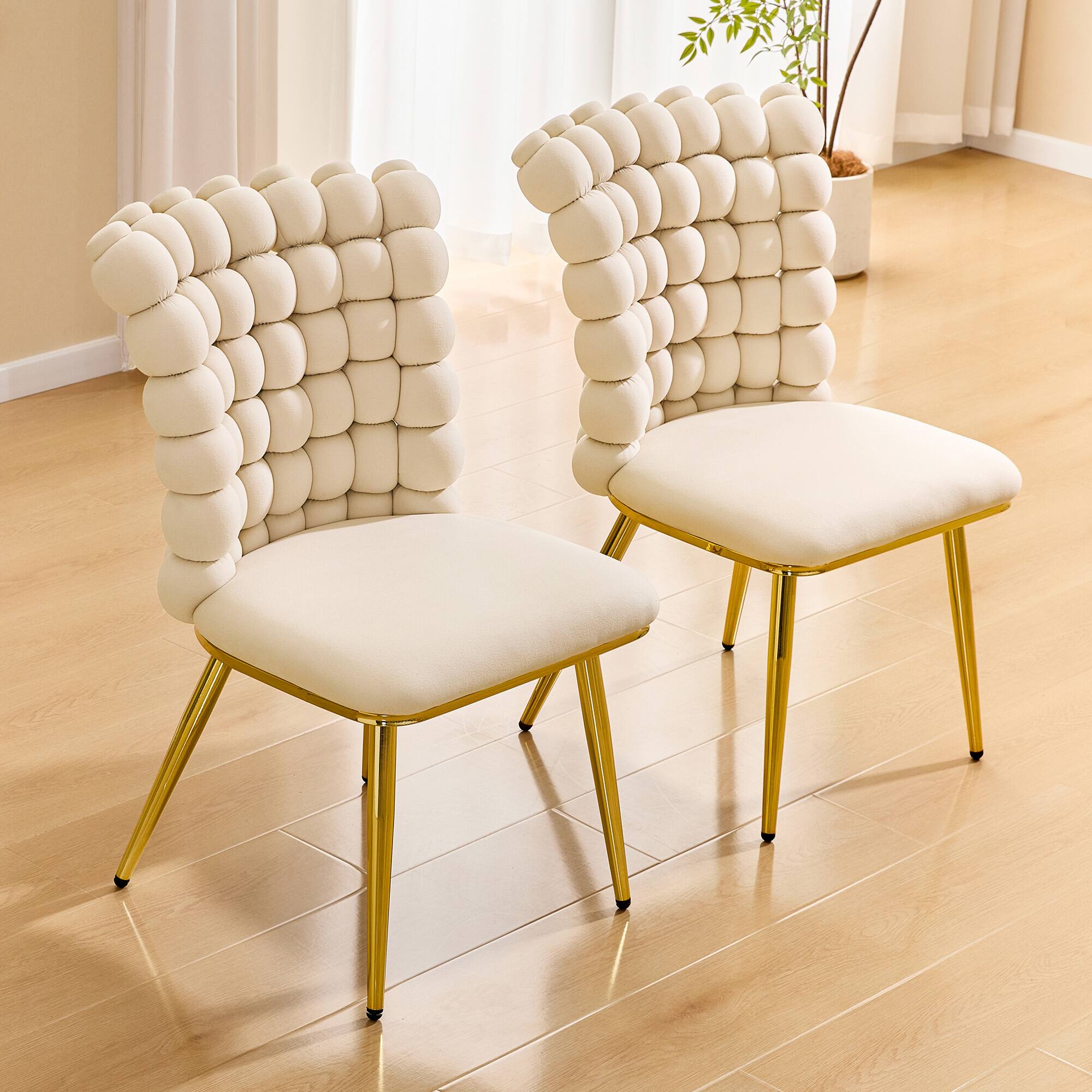 Left. Loheer - Loheer Cream Dining Chairs 3.0 ft Tufted Velvet Accent Chair with Gold Metal Legs, Bubble Back Side Chair - Beige,Gold.