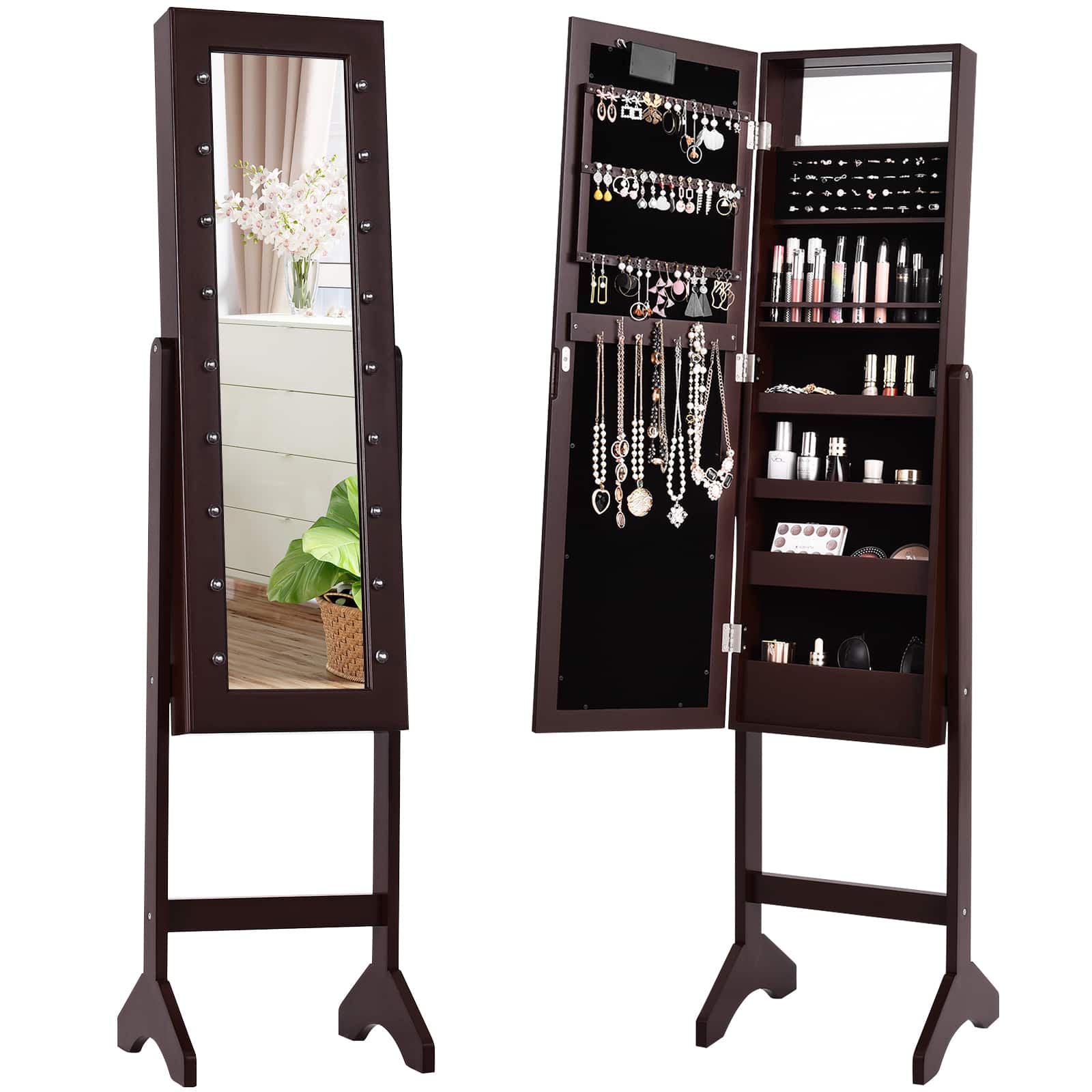Ecooso - Standing Jewelry Armoire with Full-Length Mirror, Lockable Storage and LED Lights