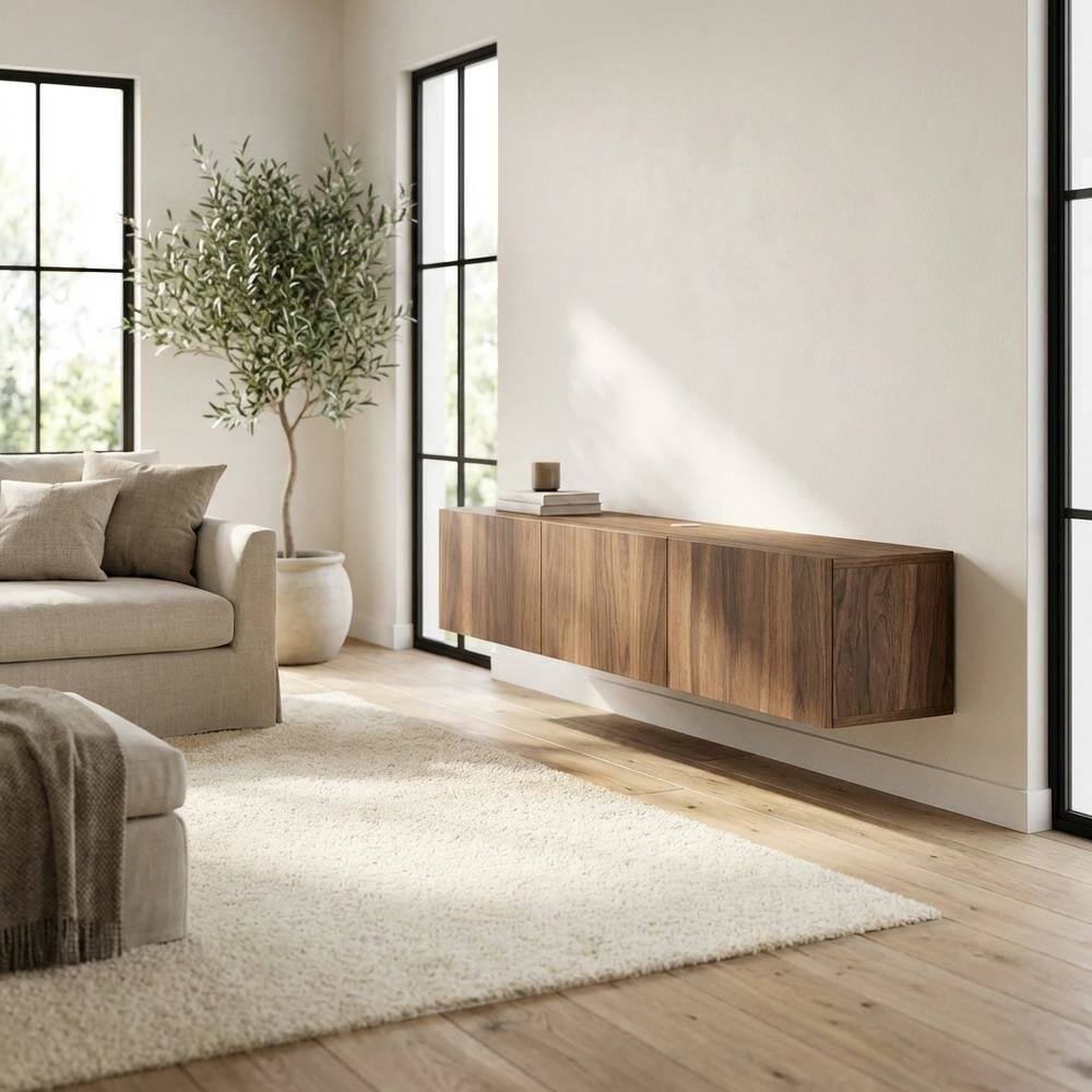 Alt View 2. FurniFact - Brown floating TV stand with wall-mount design and modern appeal - Brown.