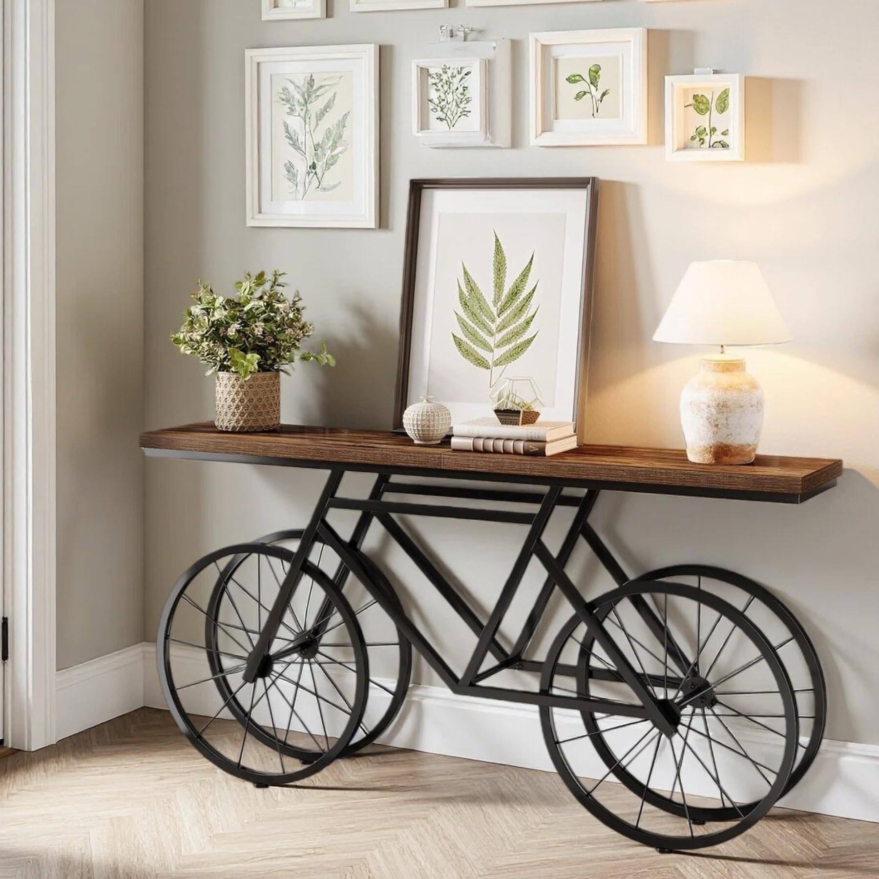 Alt View 1. Tribesigns - Extra Long Console Table, 70.9-Inch Narrow Sofa Table Behind Couch with Bicycle Metal Base, Industrial Entryway Table fo - Brown.