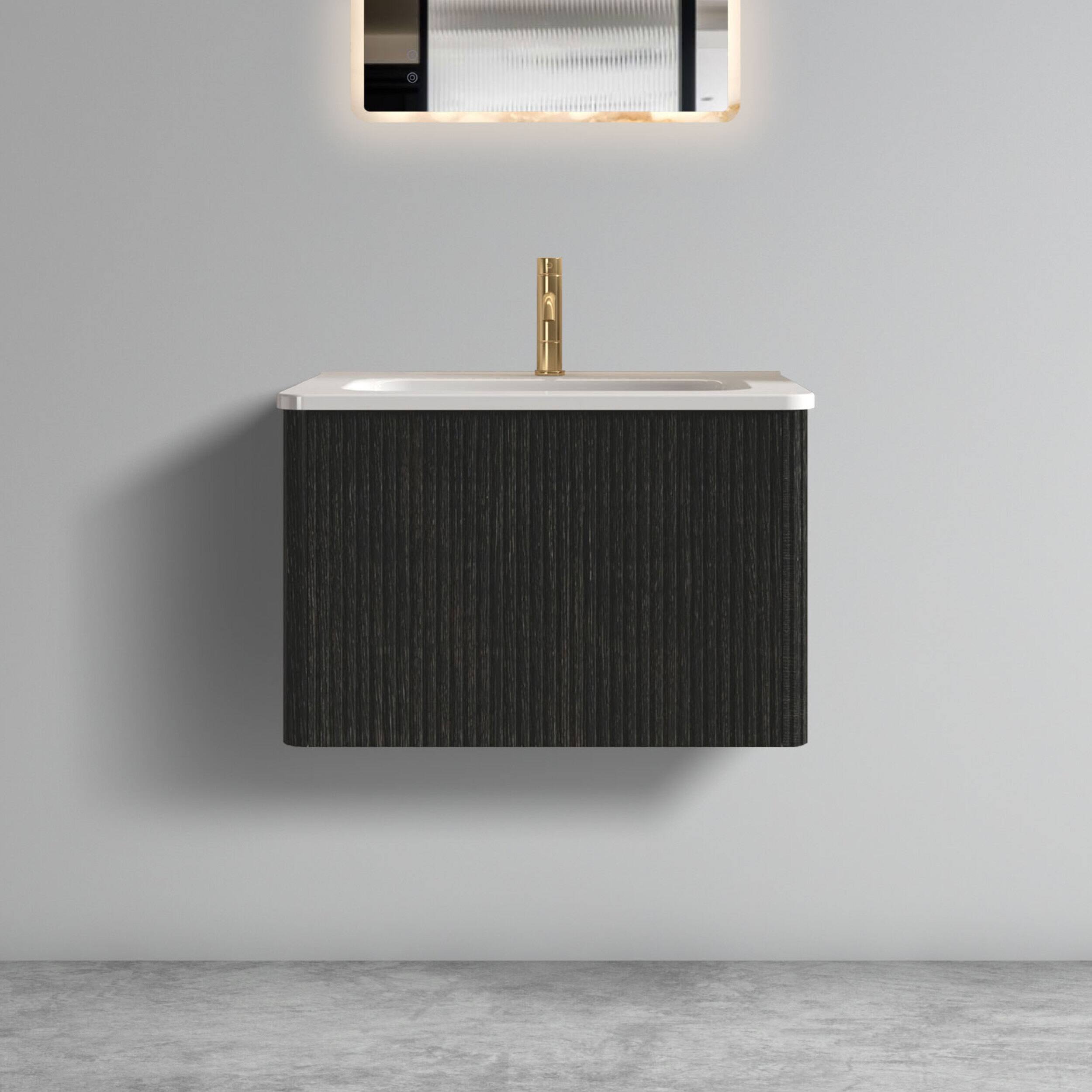 Front. ELEMENT ACE - Modern Floating Bathroom Vanity with Integrated Ceramic Sink and Spacious Storage - Black.