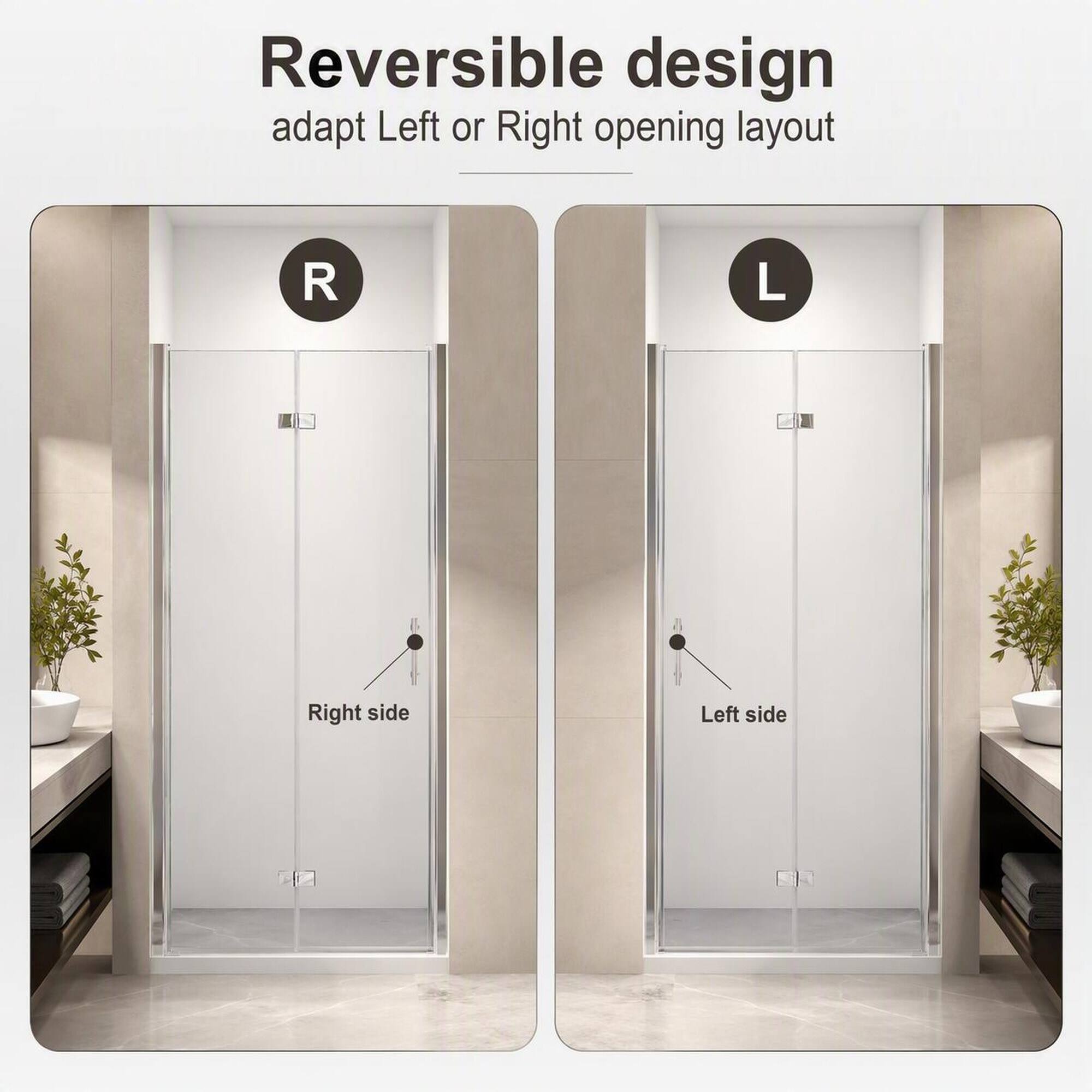Reversible design adapt Left or Right opening layout

R
L

Right side
Left side