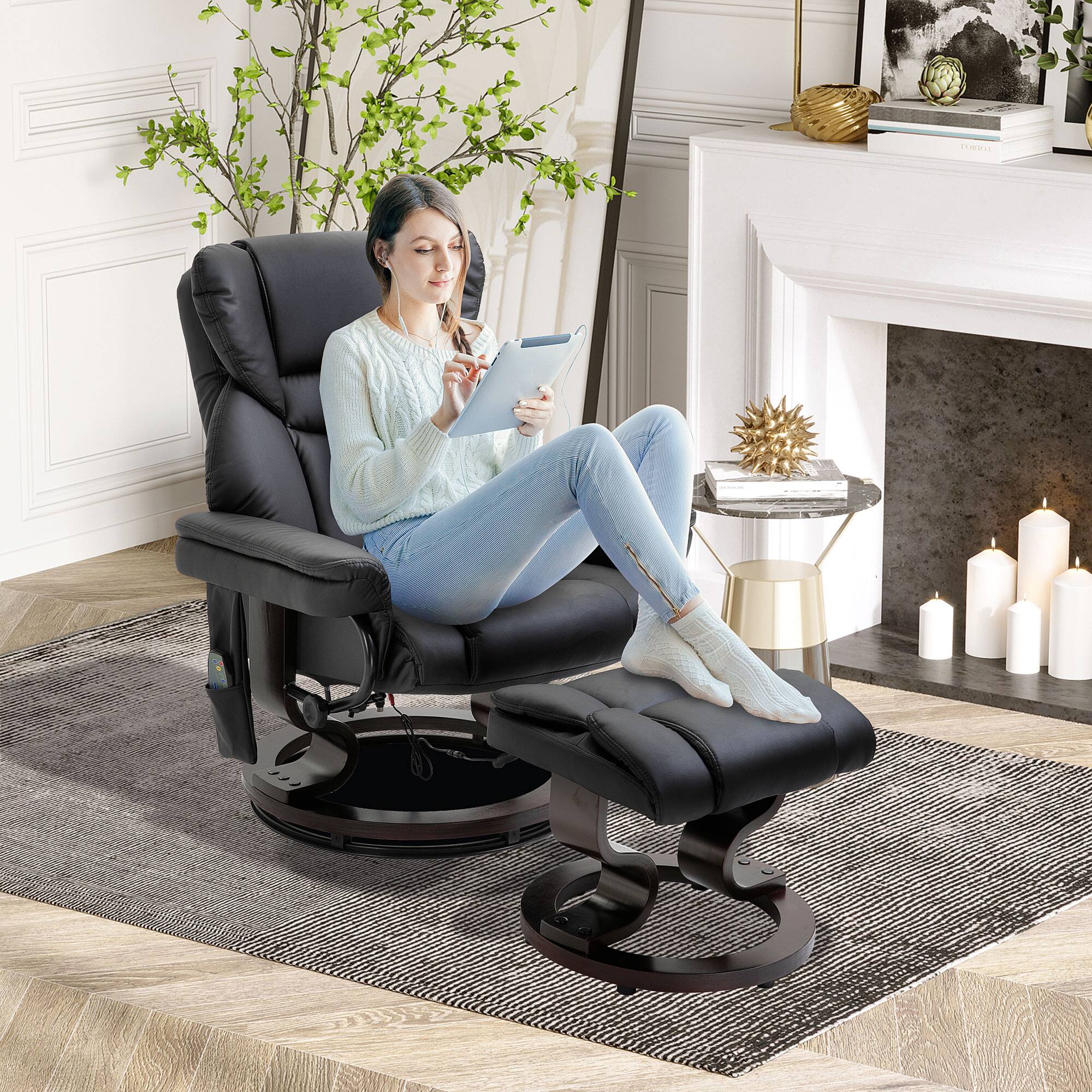Alt View 7. Homcom - Massage Recliner Chair with Ottoman Footrest, 10 Vibration Points, 360° Swivel Reclining Chair, Faux Leather Living Room - Black.