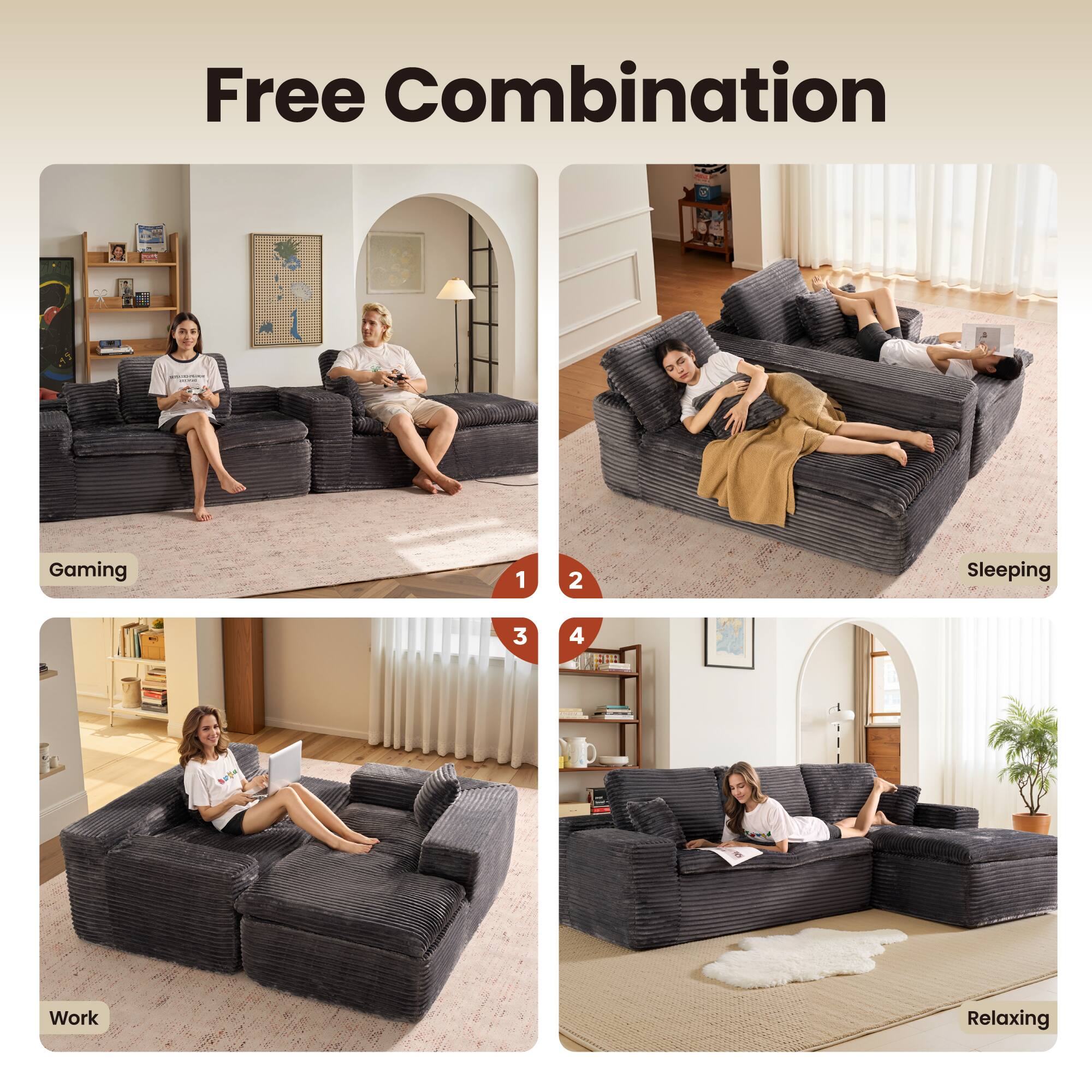 Free Combination

1. Gaming
2. Sleeping
3. Work
4. Relaxing