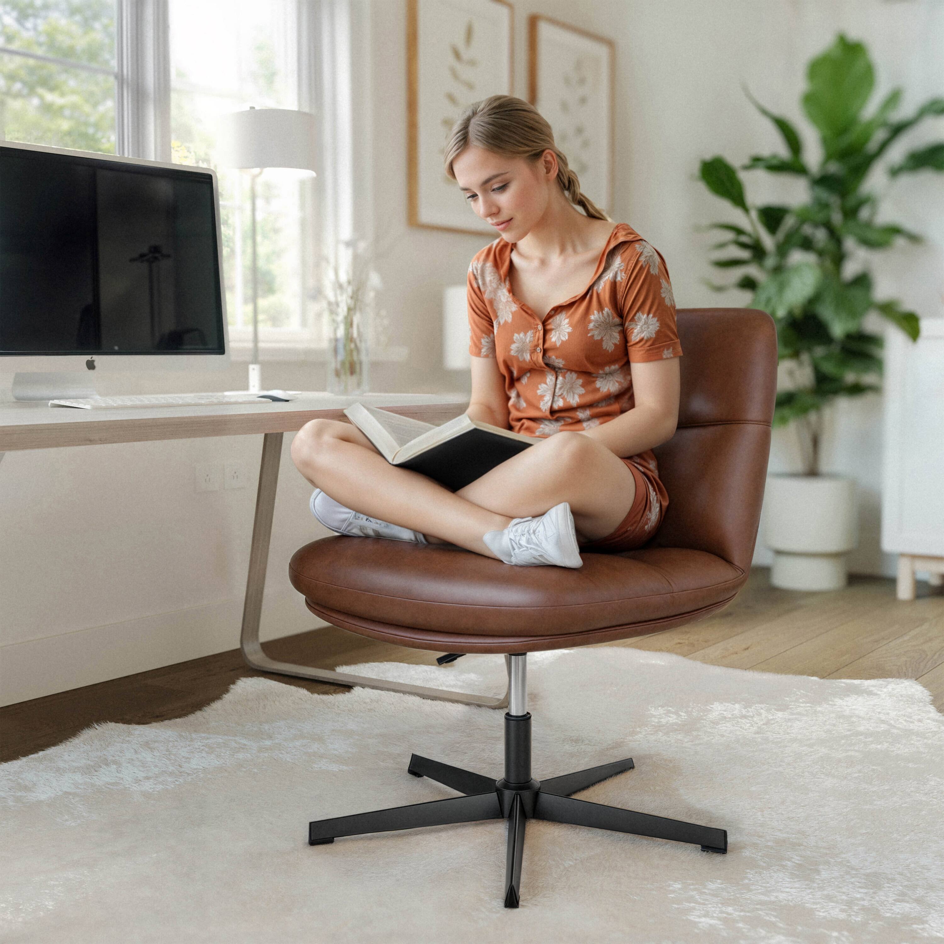 Alt View 2. Flash Furniture - Chloe Commercial Wide Mid-Back Cognac Padded LeatherSoft Armless Stationary Task Office Chair with Adjustable Height, Sw - Brown.