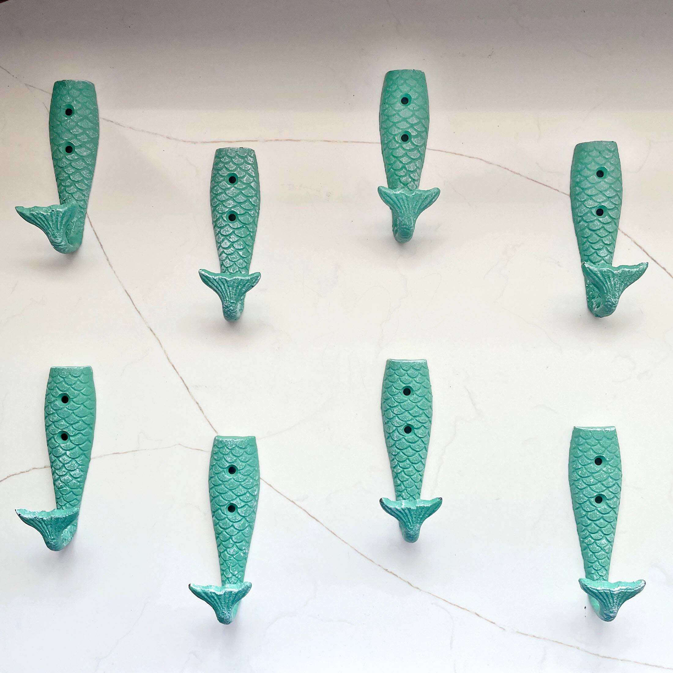 Alt View 3. Chesapeake Bay - Set of 8 Cast Iron Mermaid Tail Wall Hooks Green Nautical Coastal Decor - Green.