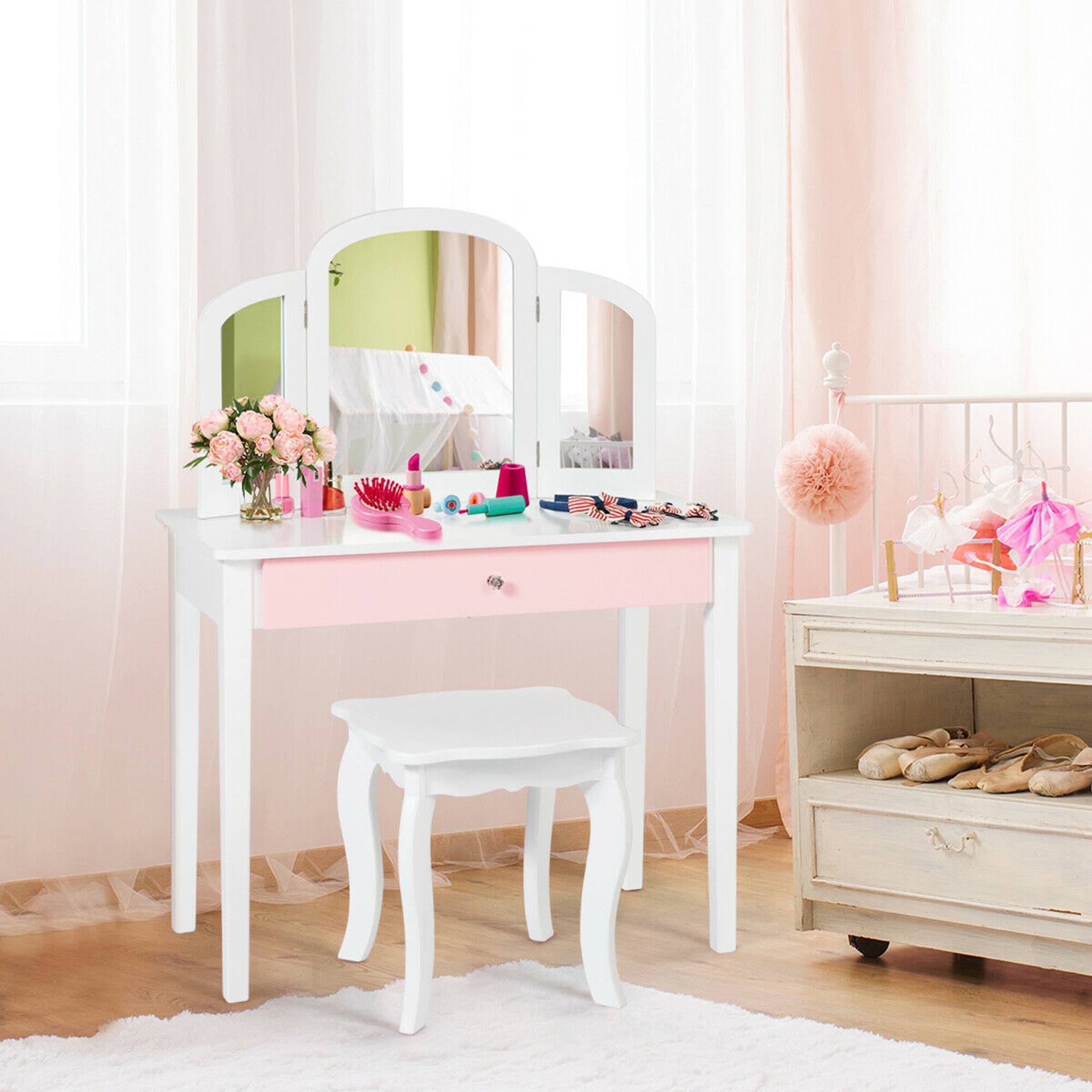Alt View 1. Gymax - Gymax Kids Vanity Princess Make Up Dressing Table W/ Tri-folding Mirror & Chair White - White.