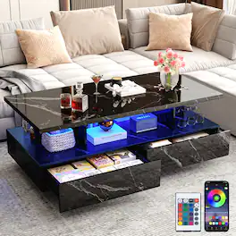 Espafurni - 43in Modern LED Coffee Table - 2 Big Drawers, 60K color App lights, High gloss, 2 - Tier for Living Room - Marble Black