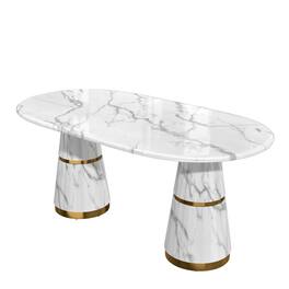 Boyel Living - 70 Inch Marble Double Pedestal Dining Table Seats 6 Modern Stainless Steel Base - White