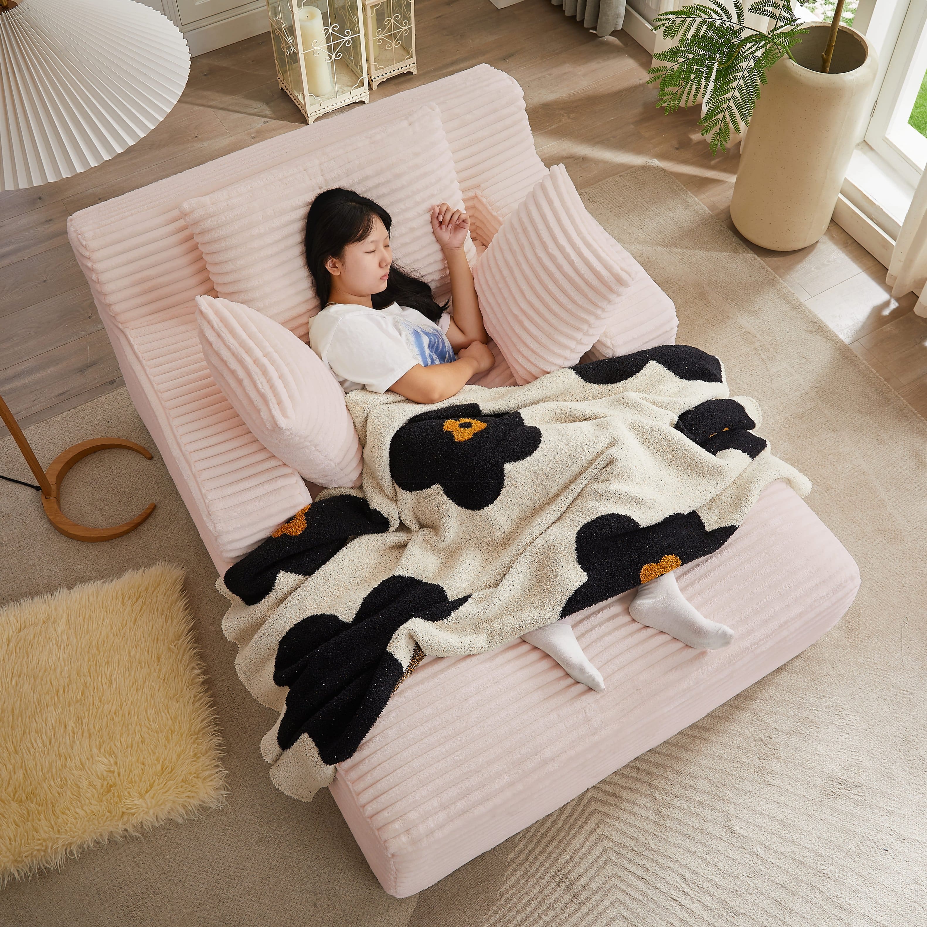 Aukfa - Corduroy Sleeper Sofa & Lounge Chair - No Assembly, Deep Seat, Armrests, 2 Pillows | Upholstered Chaise, Indoor Comfort - Pink