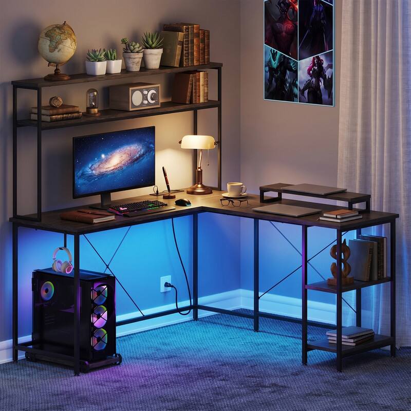 Angle. WELLFOR - Large Reversible Computer Desk with LED Light &  Power Outlets, L Shape Desk Gaming Desk with Hutch& Monitor Stand - Gray.