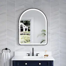 WELLFOR - 28" x 36" Arched Framed Bathroom Mirror with LED Light ,Defogger & Memory Function, Wall Mounted Vanity Mirror - Matte Black