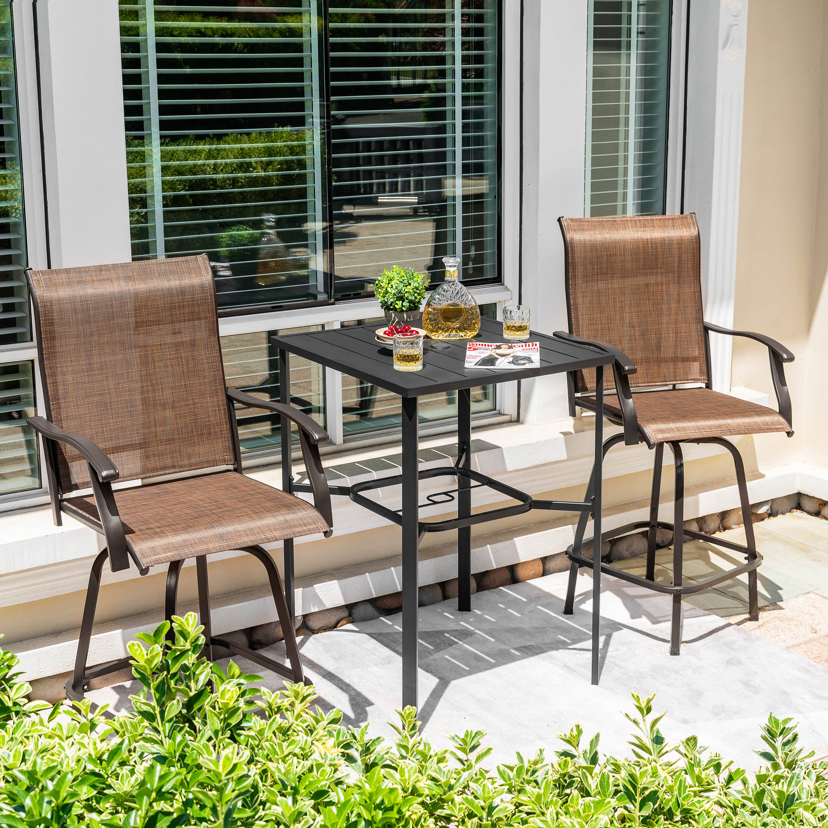 Angle. Nuu Garden - Outdoor 3-Piece Textilene Bar Set, Swivel Bar Stools and Umbrella Hole - Black and Brown.