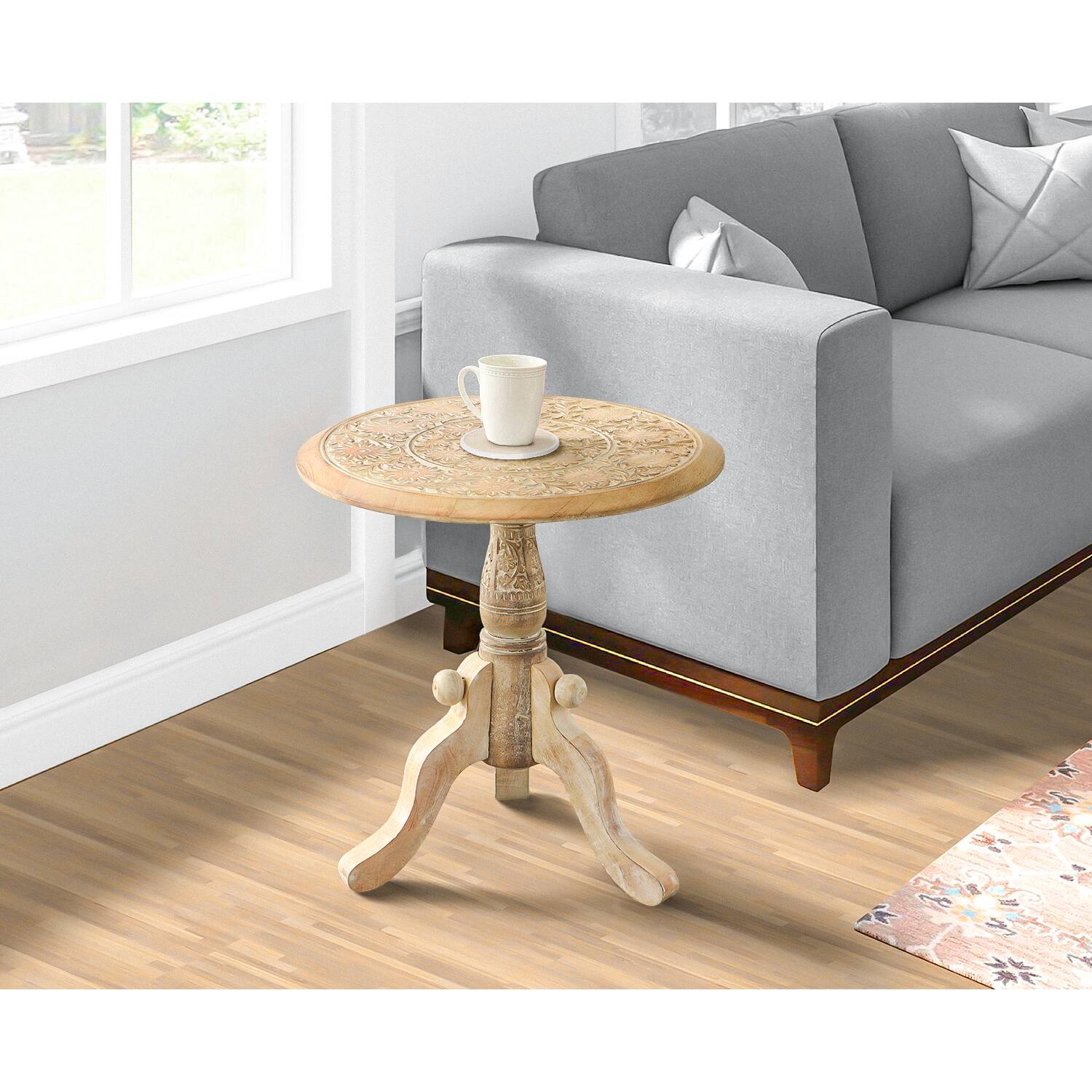 Alt View 10. Manhattan Lane - Intricately Carved Round Top Mango Wood Side End Table with Pedestal Base - Brown and White.