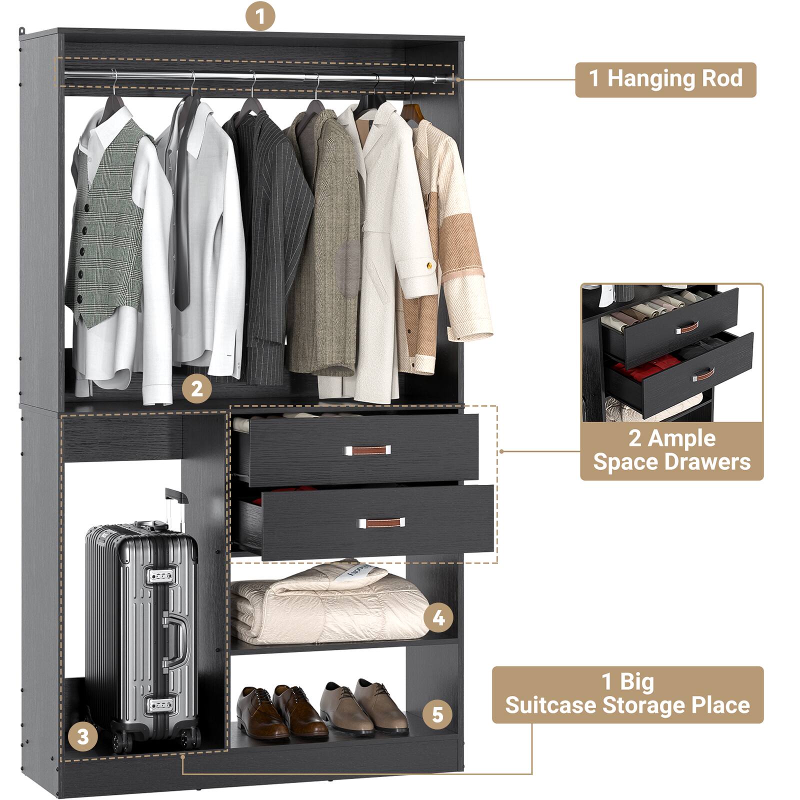 1. Hanging Rod  
2. Ample Space Drawers  
3. 1 Big Suitcase Storage Place
