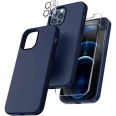 The image shows a dark blue phone case and a screen protector for a smartphone.