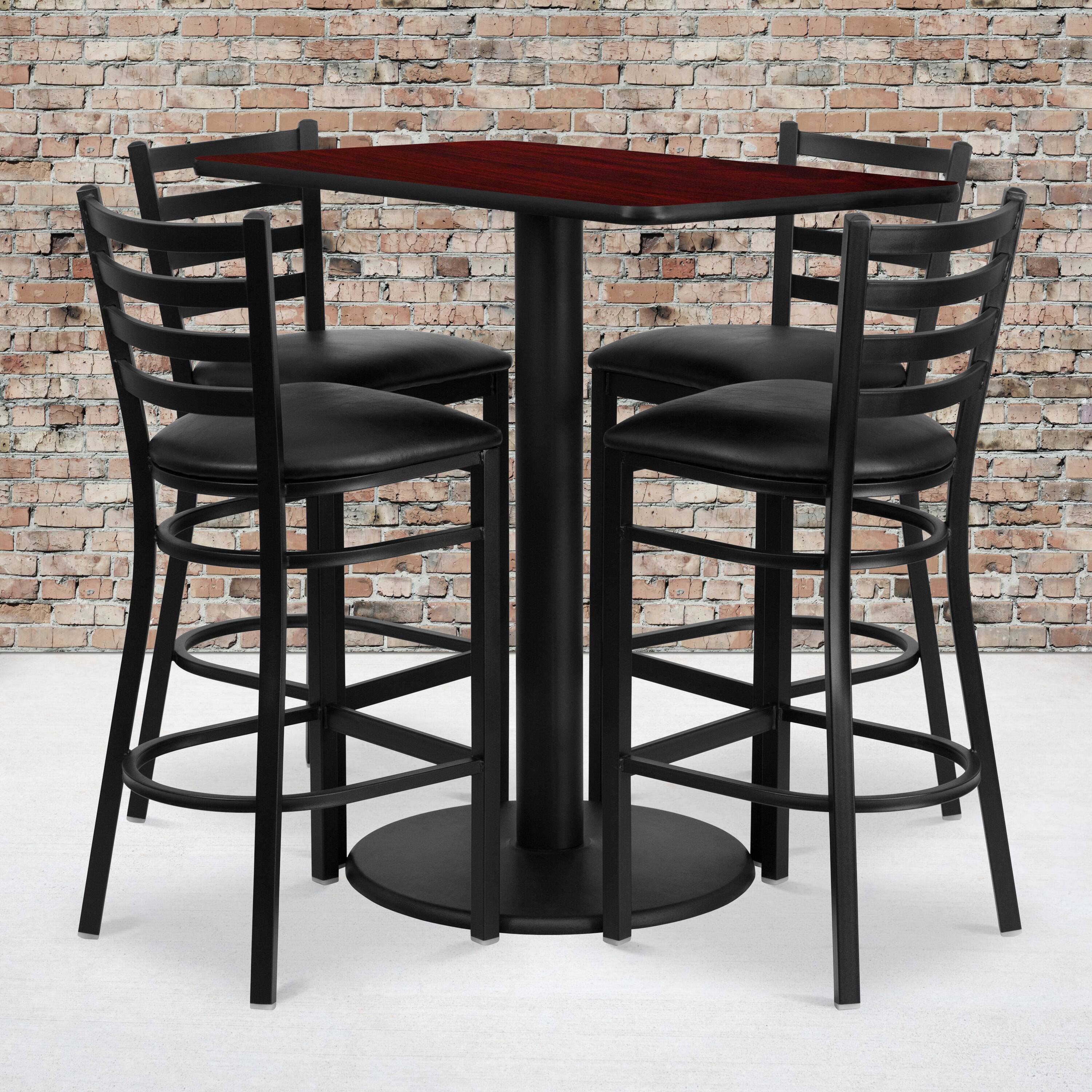 Angle. Flash Furniture - Jamie 24'' x 42'' Rectangular Mahogany Laminate Table Set with 4 Ladder Back Metal Barstools - Black Vinyl Seat - Black.