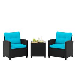 Costway - 3 PCS Patio Furniture Set with Tempered Glass Coffee Table Washable Cushions - Turquoise,Black