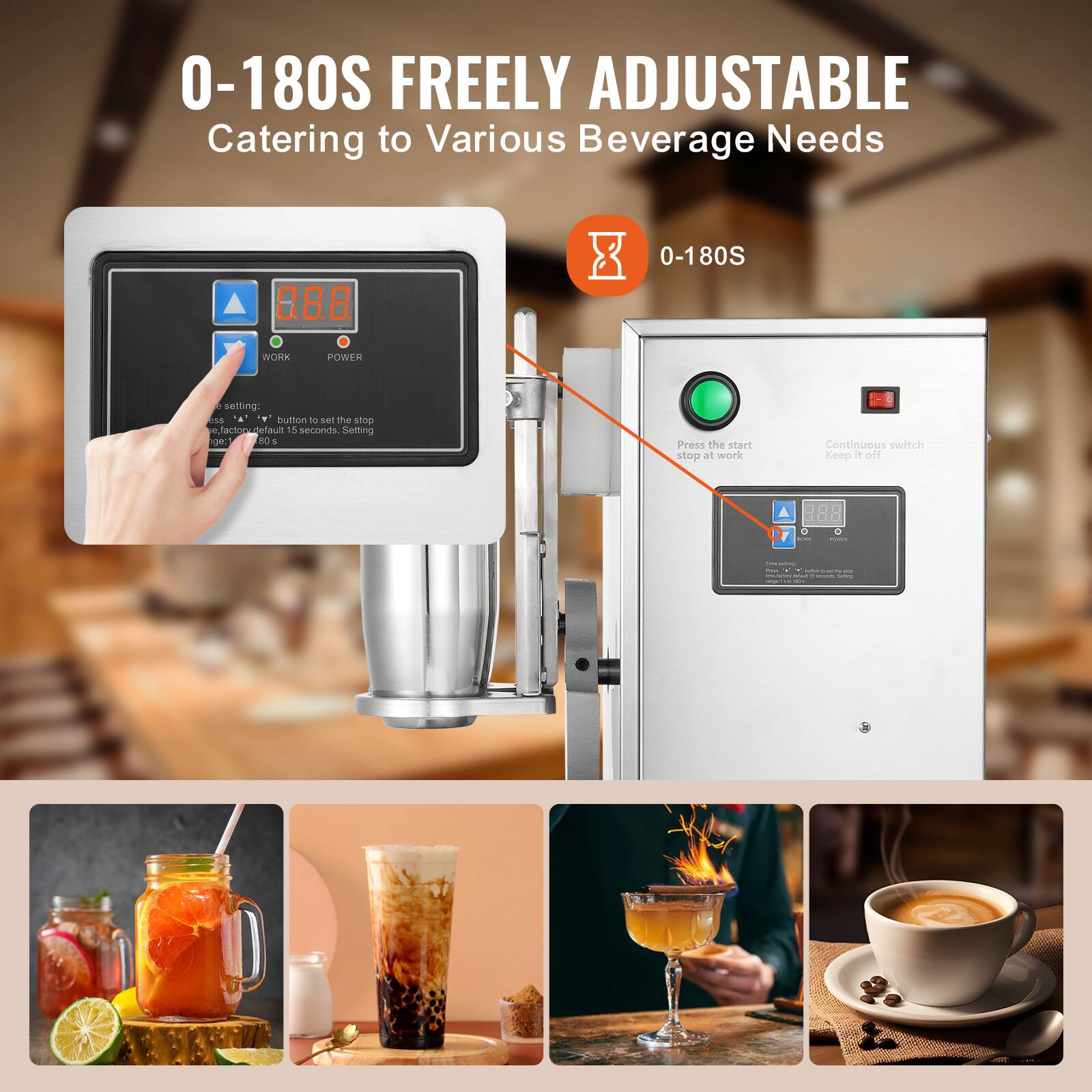 0-180S FREELY ADJUSTABLE  
Catering to Various Beverage Needs  

0-180S  

WORK POWER  
- Press the start button to set the stop  
- Default: 15 seconds. Setting  
- Press the start stop at work  
- Continuous switch Keep it off  

0.8.8  

Press the start stop at work  
Continuous switch Keep it off  

0.8.8