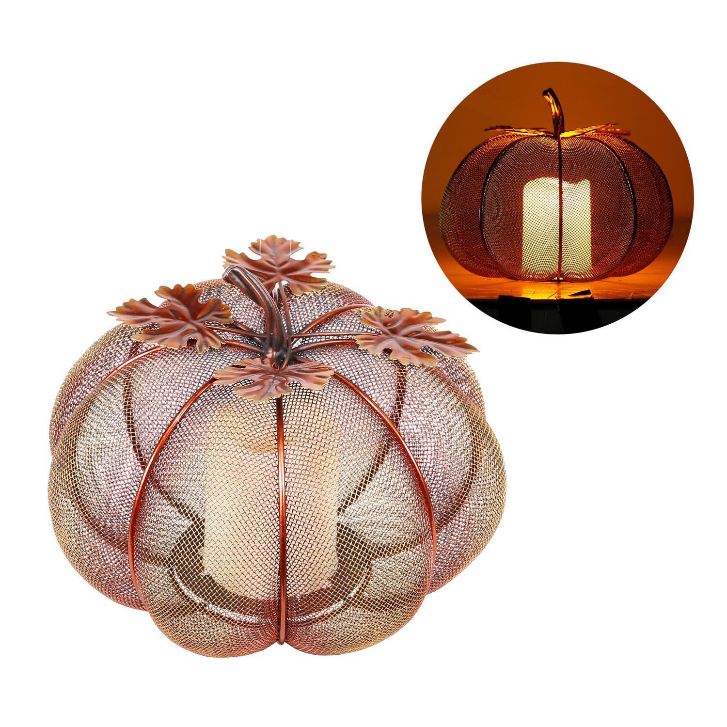 Front. Alpine - Alpine Warm Candle 8 in. LED Mesh Pumpkin With Candle Halloween Decor - Brown.