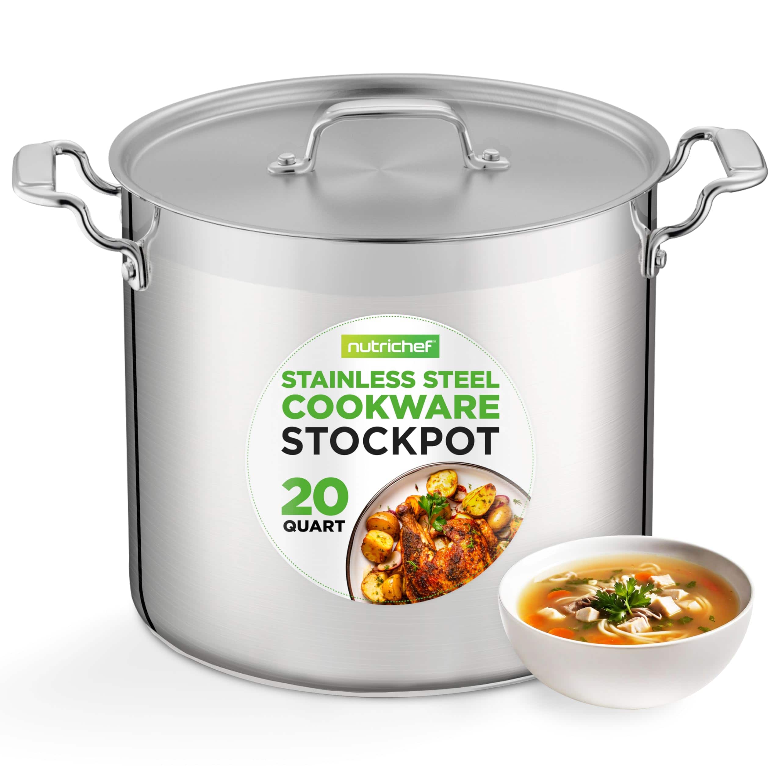 NutriChef - 20-Quart Heavy-Duty Stockpot with Lid, Induction & Gas Compatible - NCSPT20Q - White