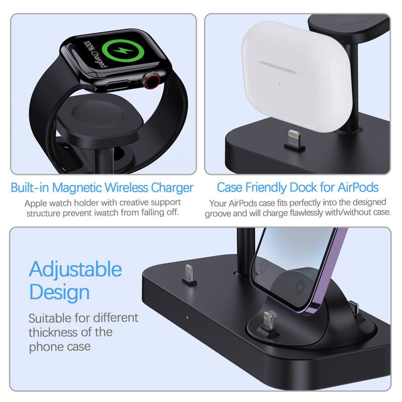 100% Charged AOO Built-in Magnetic Wireless Charger Case Friendly Dock for AirPods Apple watch holder with creative support. Your AirPods case fits perfectly into the designed structure, preventing the iwatch from falling off. Groove and will charge flawlessly with/without case. Adjustable Design Suitable for different thickness of the phone case.

Built-in Magnetic Wireless Charger
Apple watch holder with creative support structure prevents iwatch from falling off.

Case Friendly Dock for AirPods
Your AirPods case fits perfectly into the designed groove and will charge flawlessly with/without case.

Adjustable Design
Suitable for different thickness of the phone case