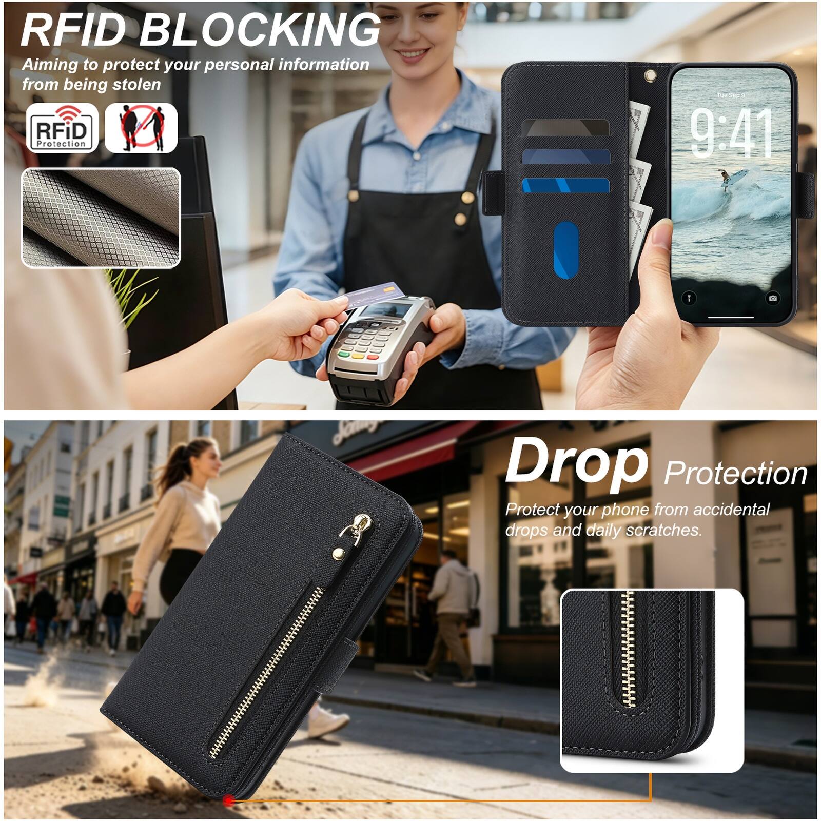RFID BLOCKING  
Aiming to protect your personal information from being stolen  

RFID Protection  

9:41  

Drop Protection  
Protect your phone from accidental drops and daily scratches.