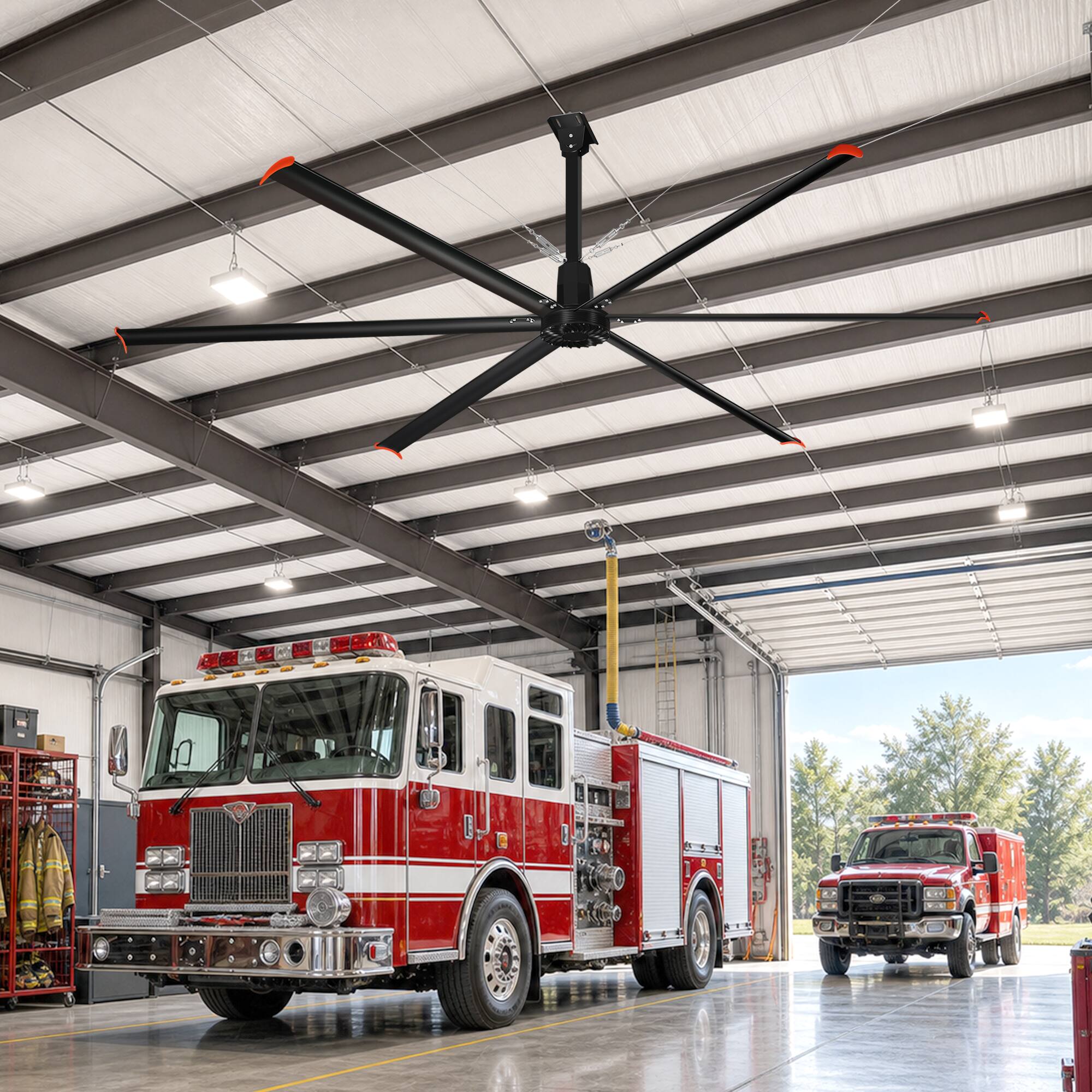 Alt View 8. Breezary - 192‑Inch HVLS Industrial Ceiling Fan, 1P 110V, Direct Drive DC Motor, Variable Speed, Aluminum Blades, Commercial Grade - Matte Black.