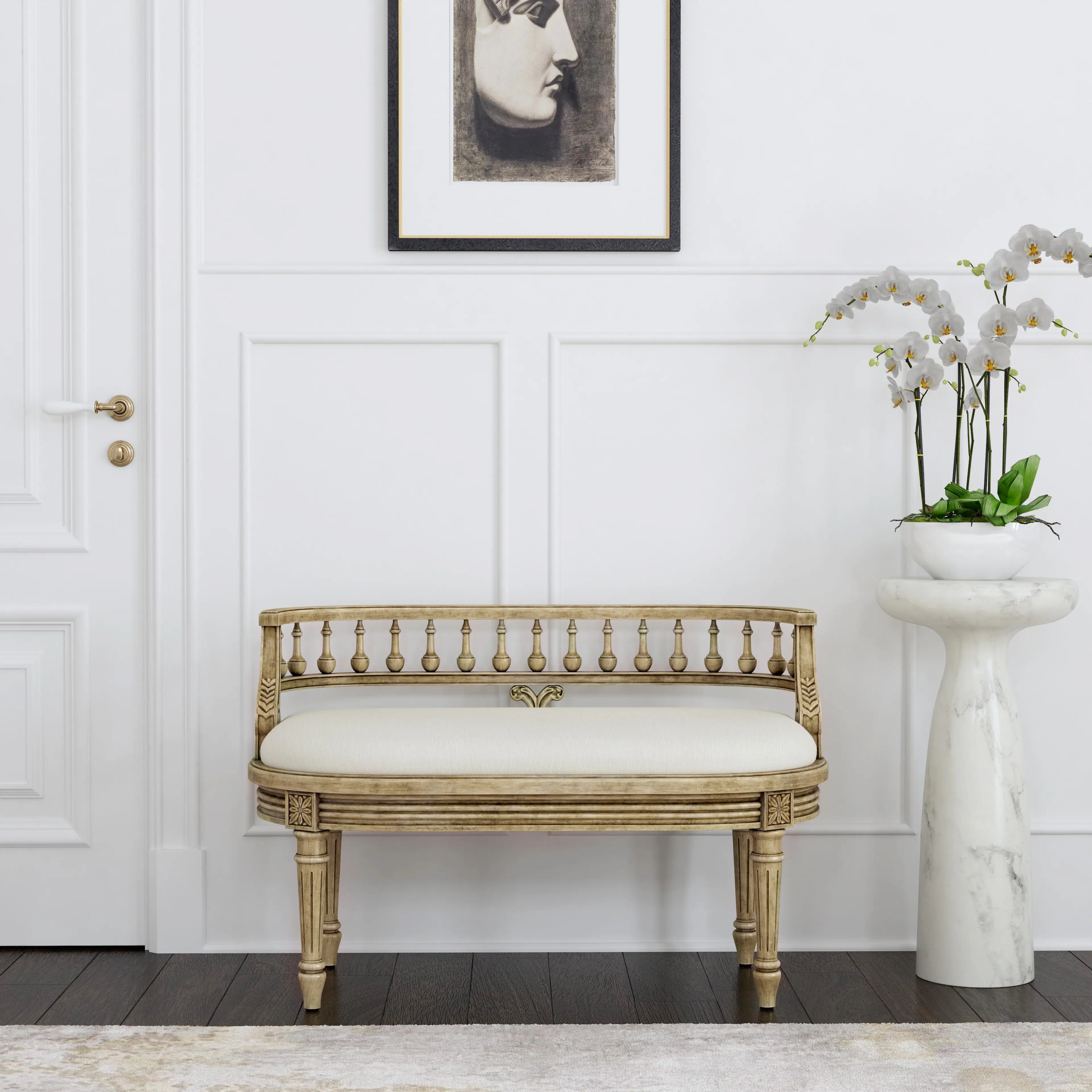 Alt View 1. Butler Specialty - Hathaway 37 in. W Oval Upholstered and Wood Traditional Low Back Accent Bench - Beige.